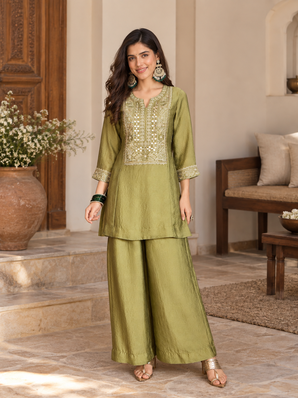 Women Green Silk Embroidered Kurta set