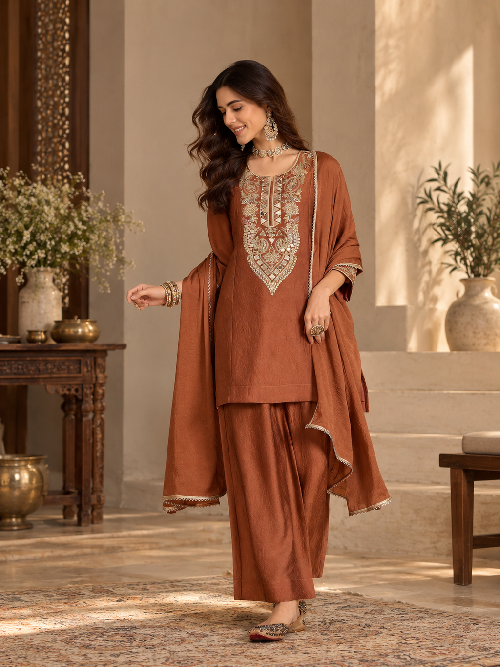 Women Rust Silk Embroidered Kurta set