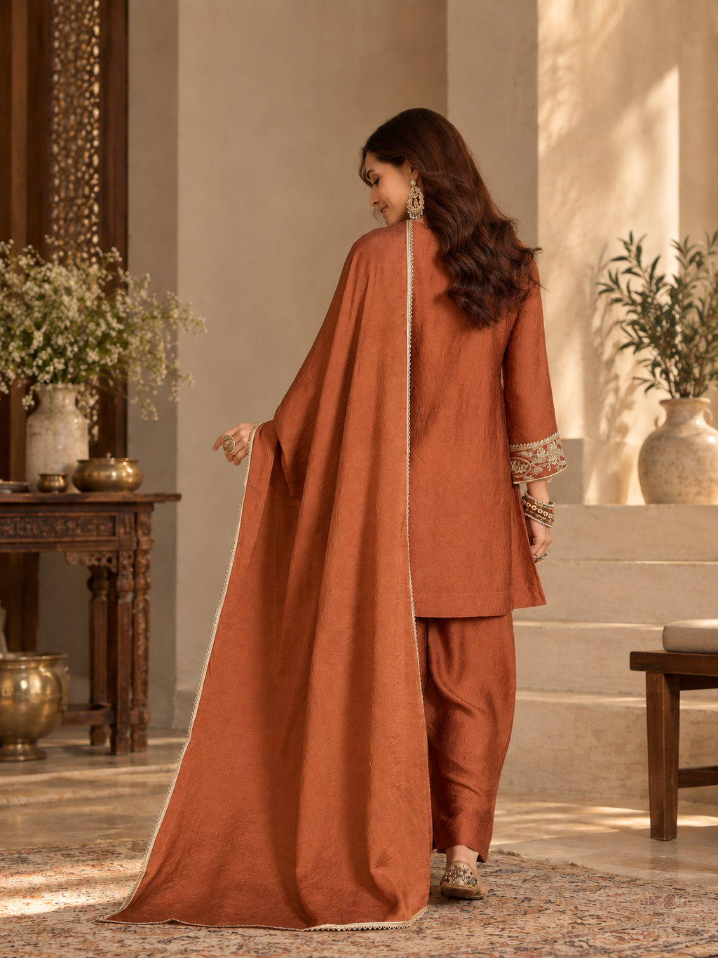 Women Rust Silk Embroidered Kurta set