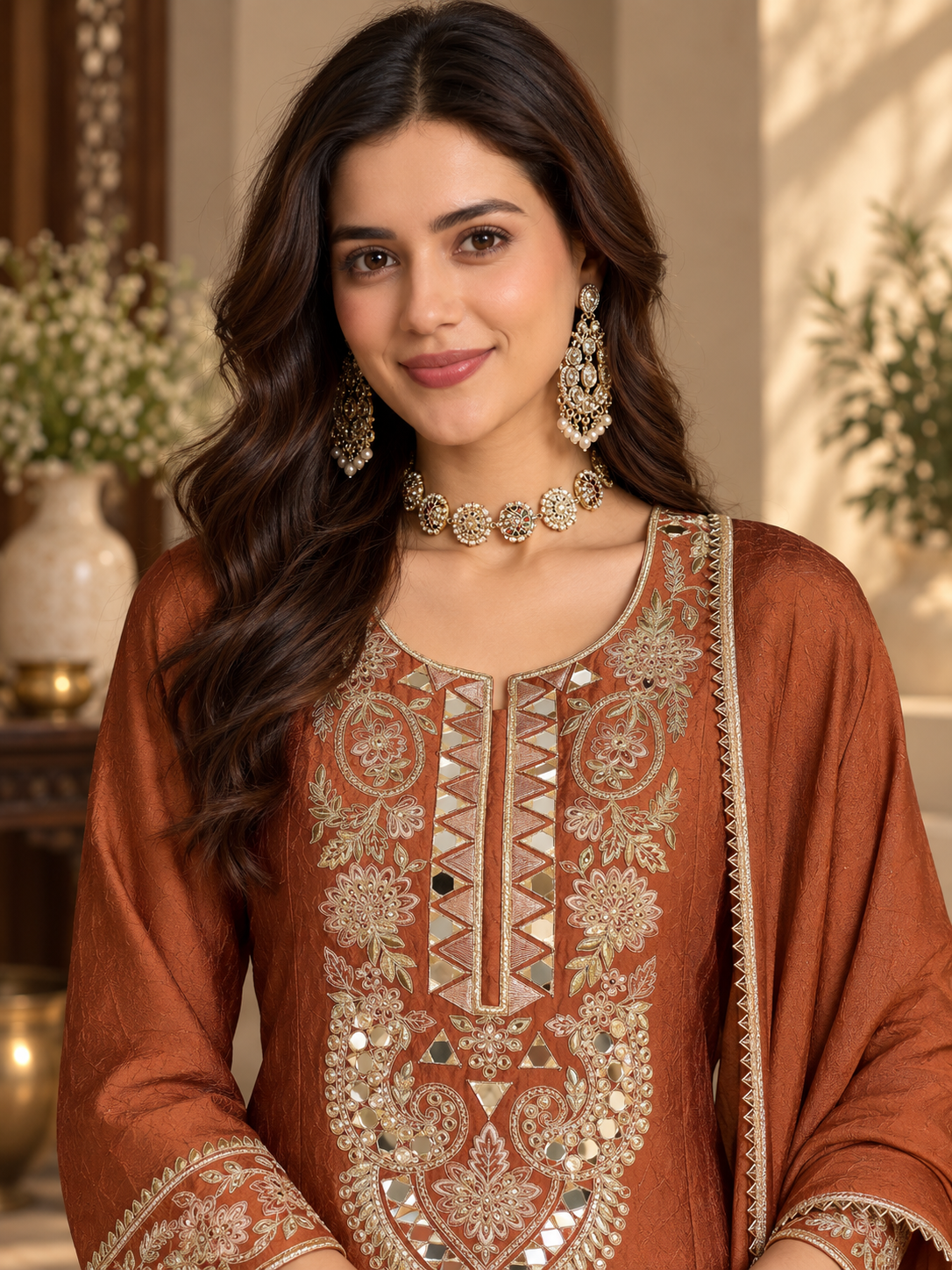 Women Rust Silk Embroidered Kurta set