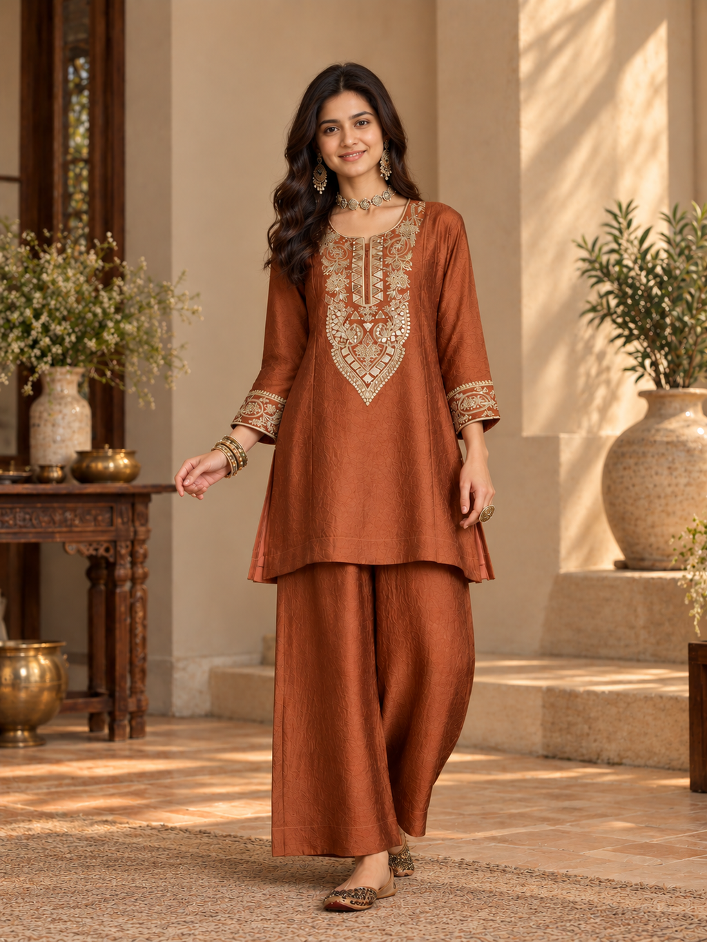 Women Rust Silk Embroidered Kurta set
