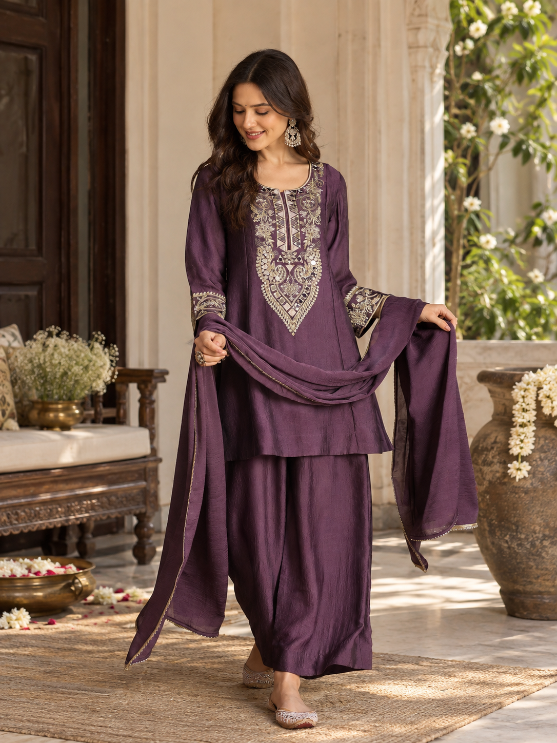 Women Purple Silk Embroidered Kurta set