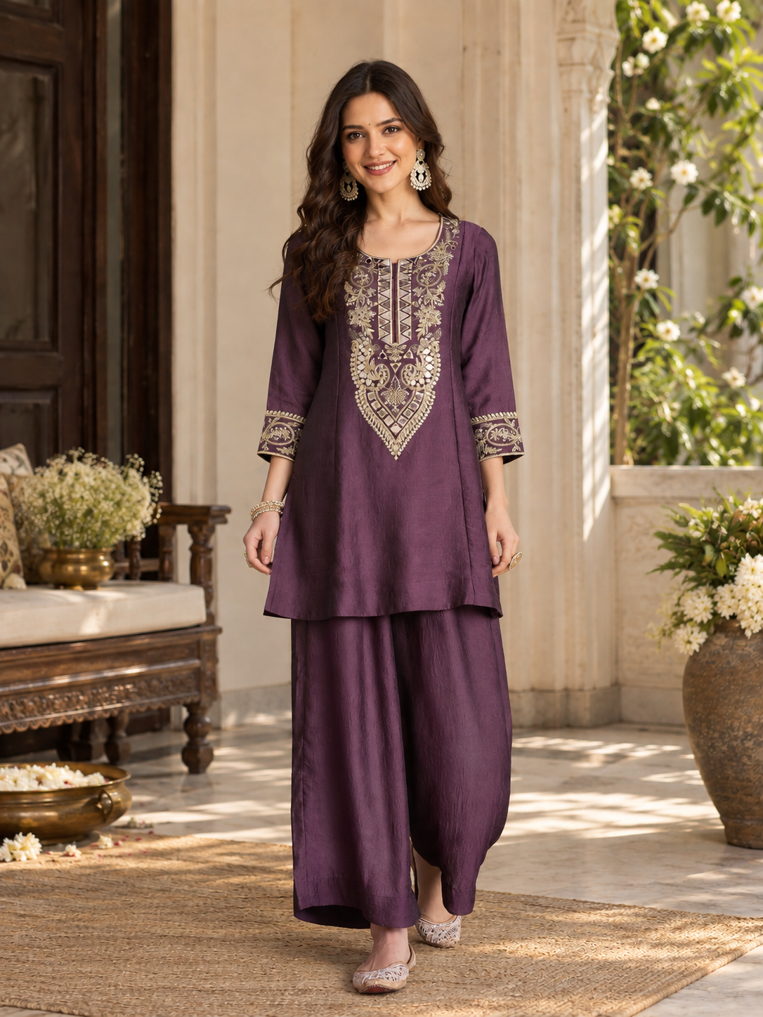 Women Purple Silk Embroidered Kurta set