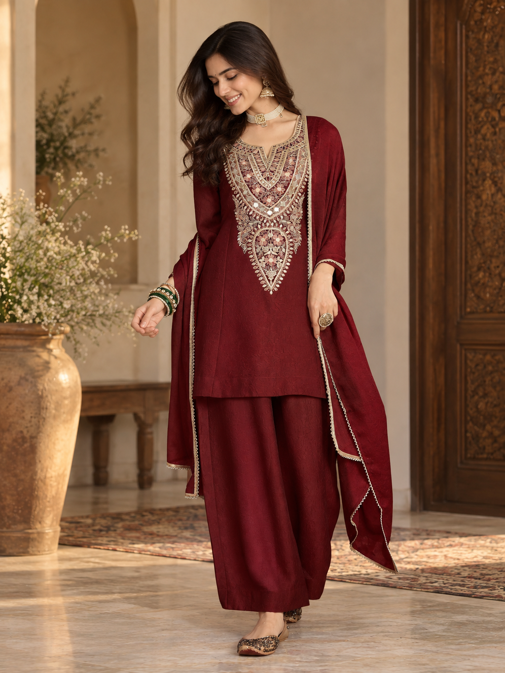 Women Maroon Silk Embroidered Kurta set
