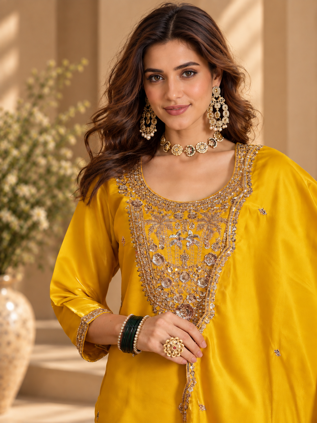 Women Mustard Glass Roman Embroidery Kurta set