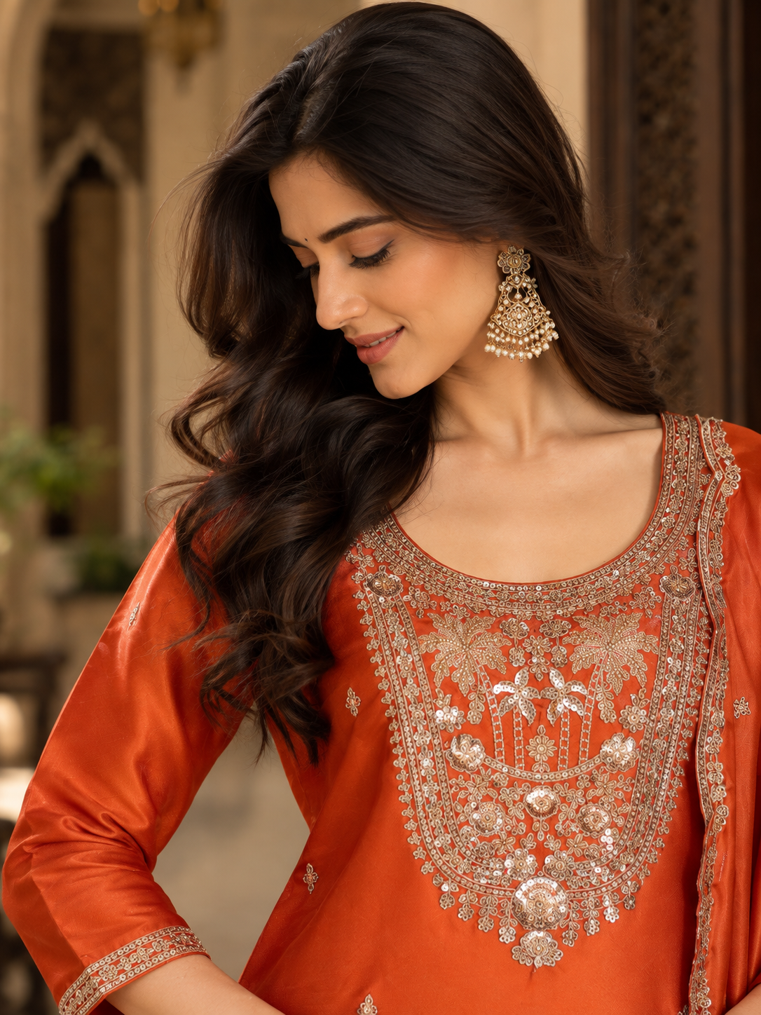 Women Rust Glass Roman Embroidery Kurta set