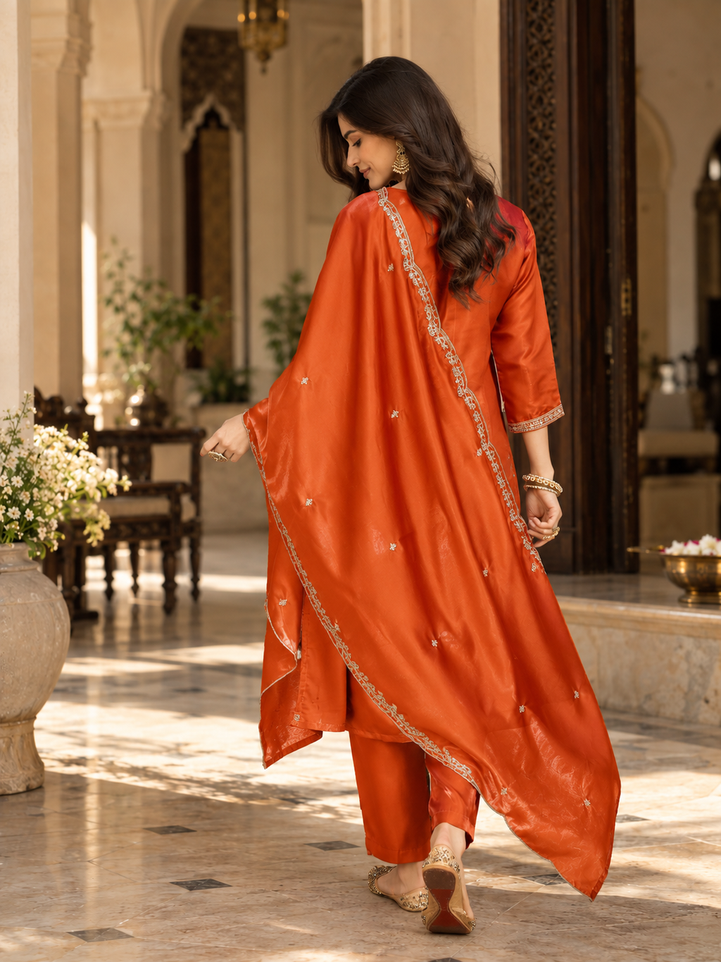 Women Rust Glass Roman Embroidery Kurta set