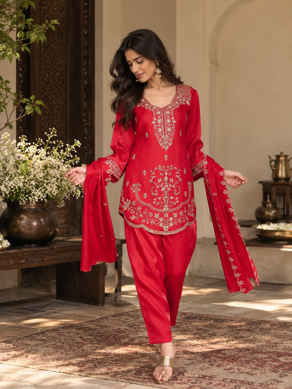 Women Fuchsia Pink Glass Roman Embroidery Kurta set
