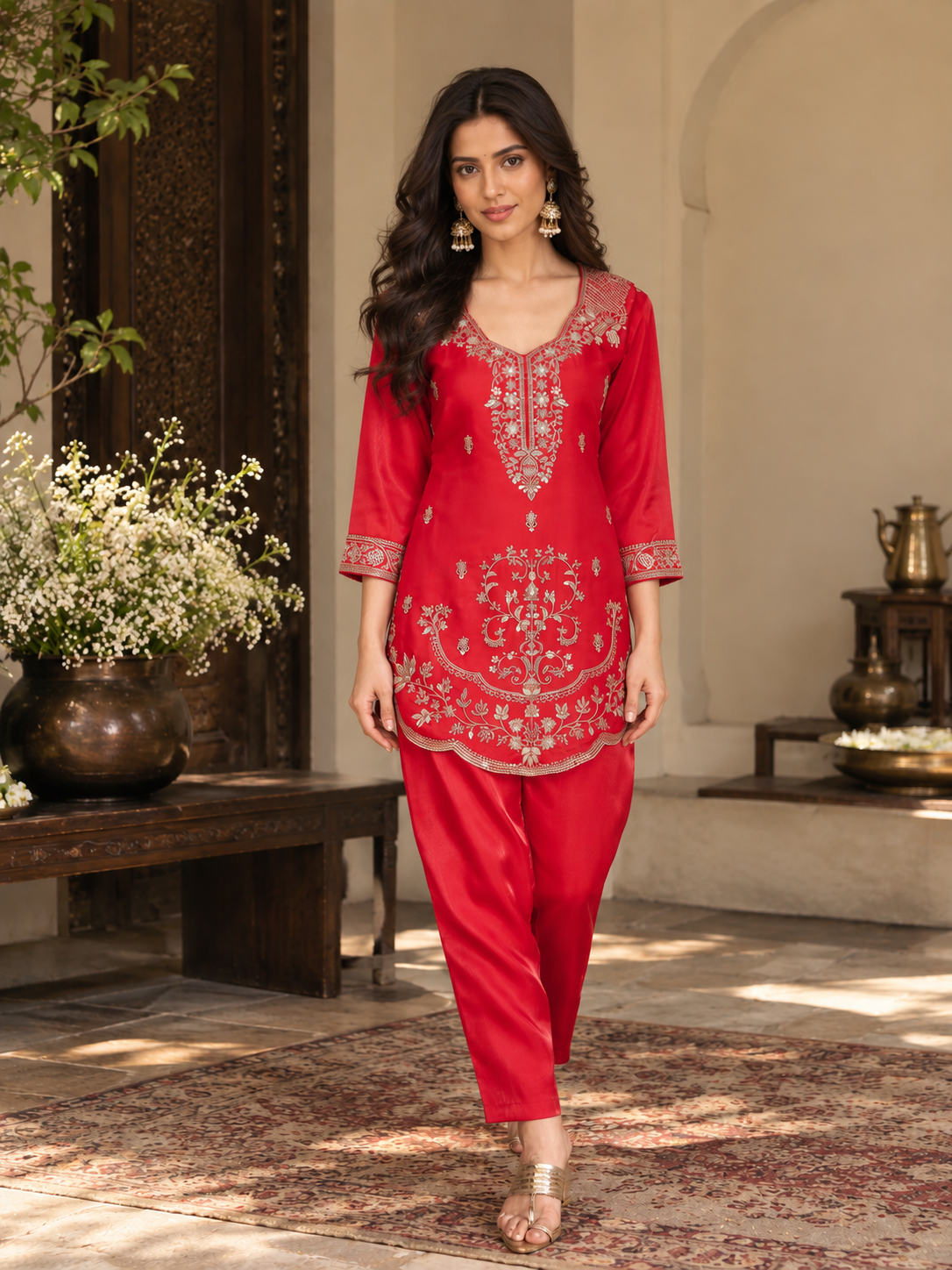 Women Fuchsia Pink Glass Roman Embroidery Kurta set