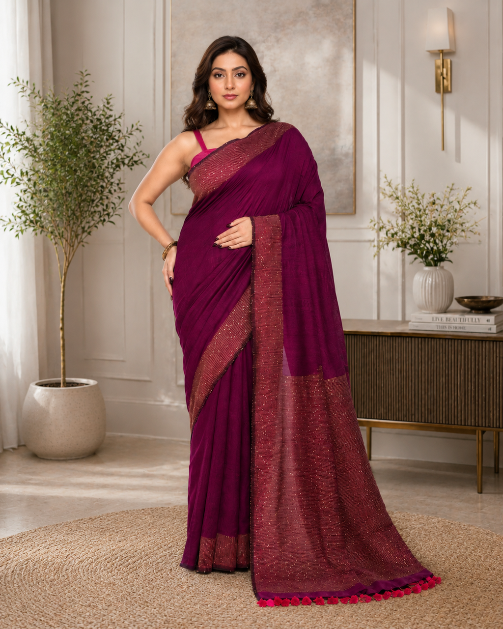 Women Cotton Magenta Woven  Saree