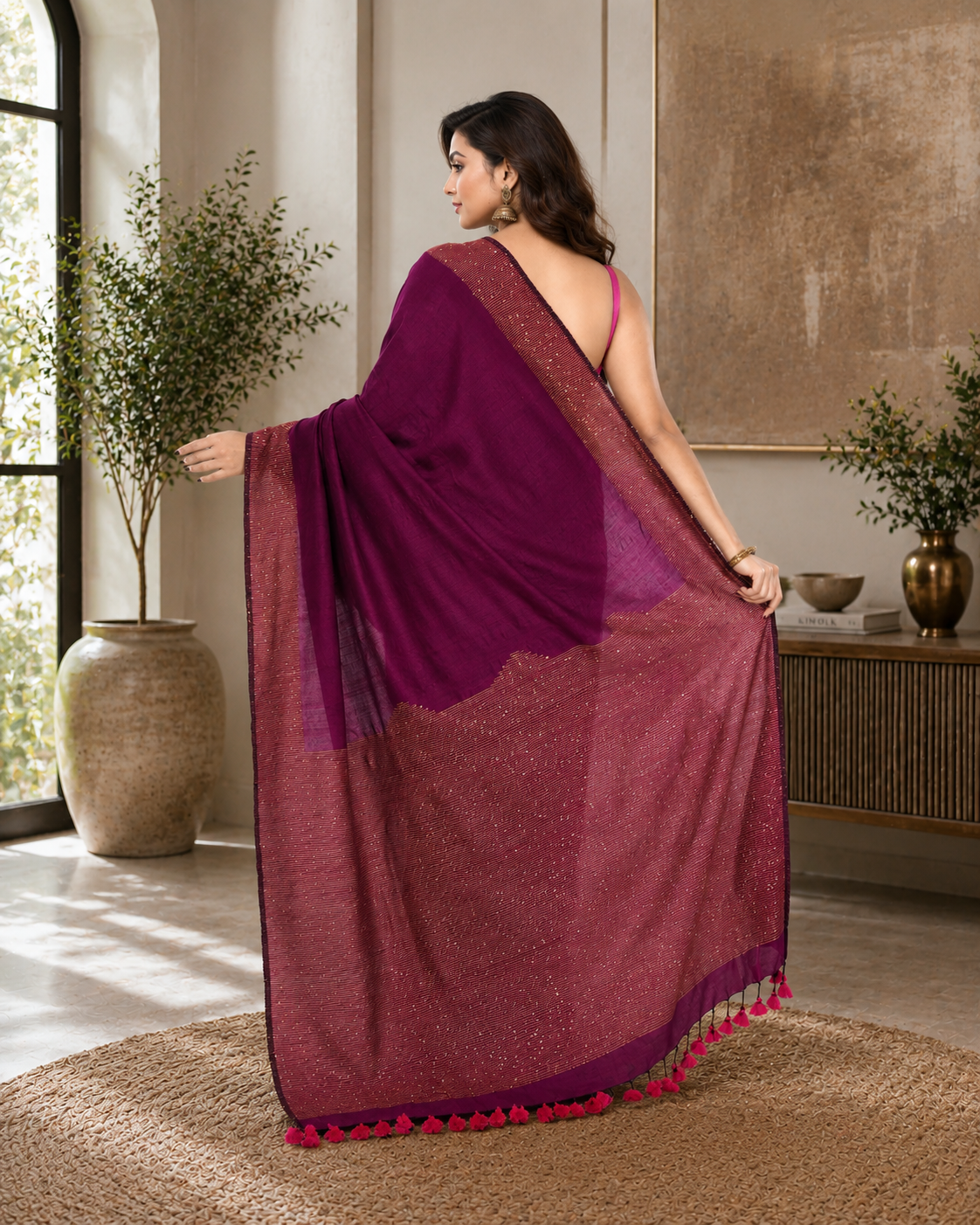 Women Cotton Magenta Woven  Saree