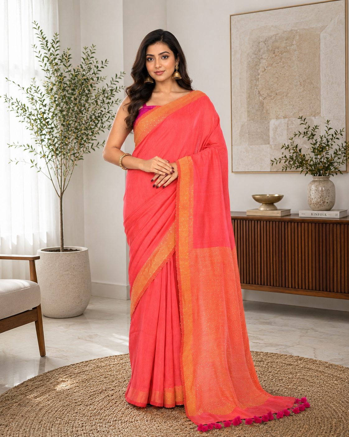 Women Cotton Tomato Red Woven  Saree