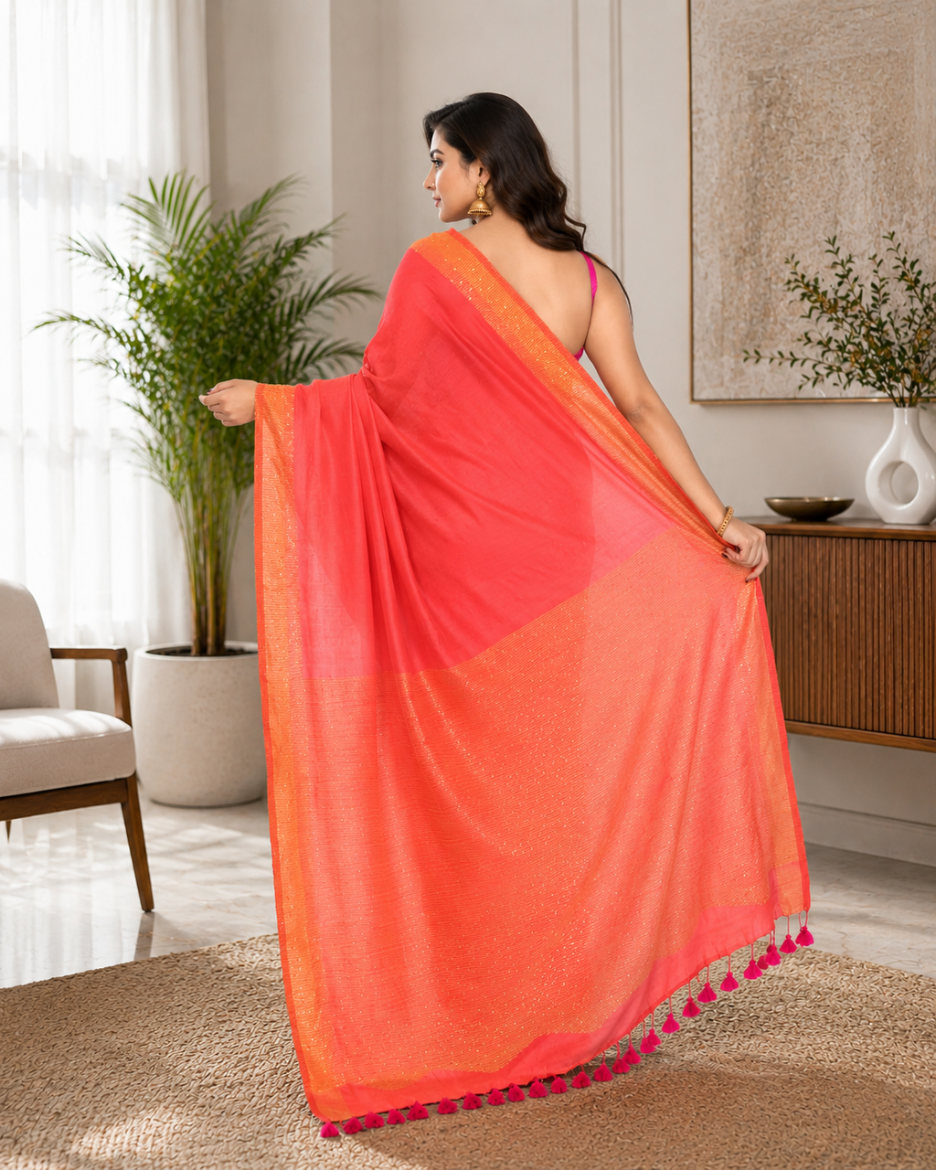 Women Cotton Tomato Red Woven  Saree