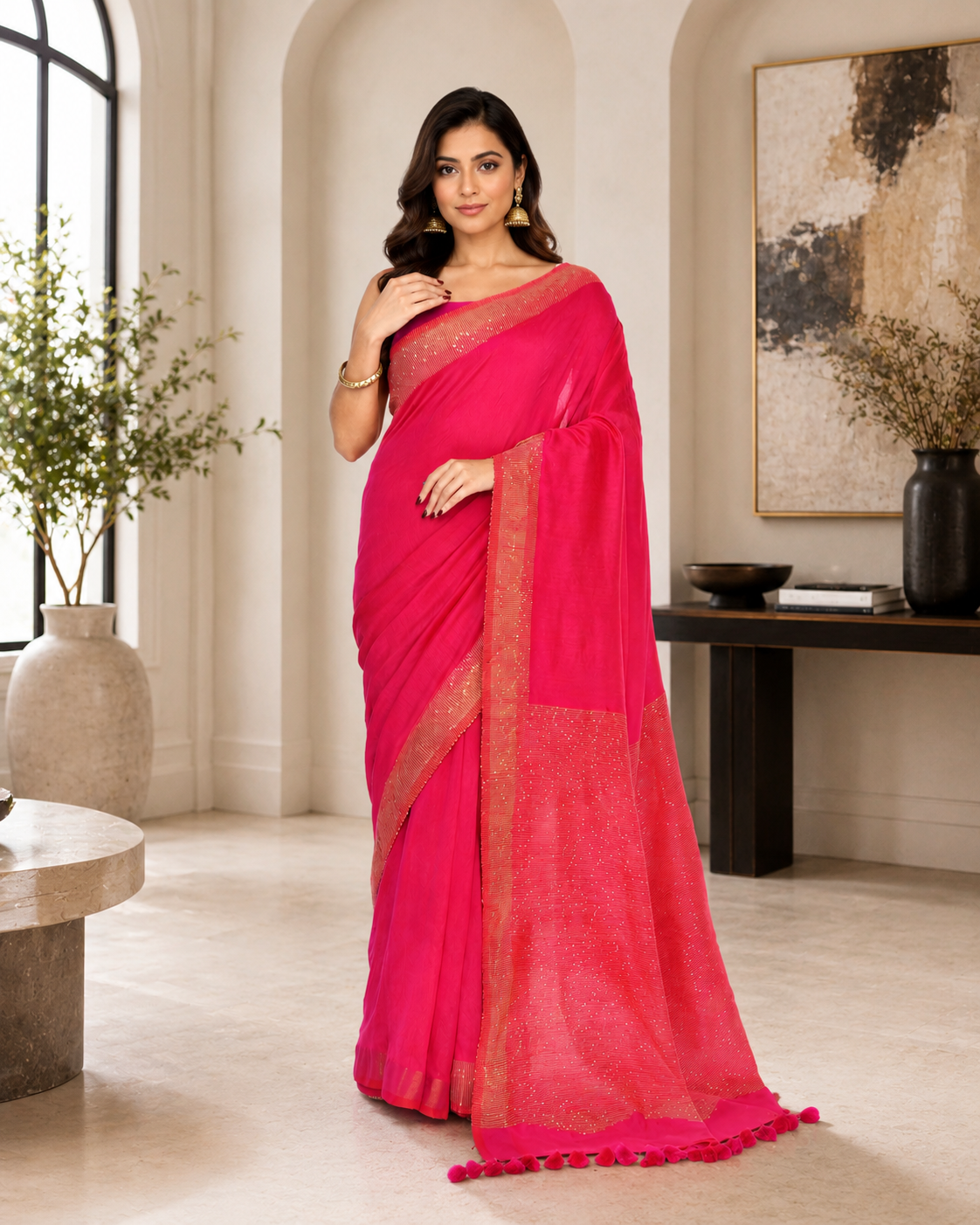 Women Cotton Pink Woven  Saree