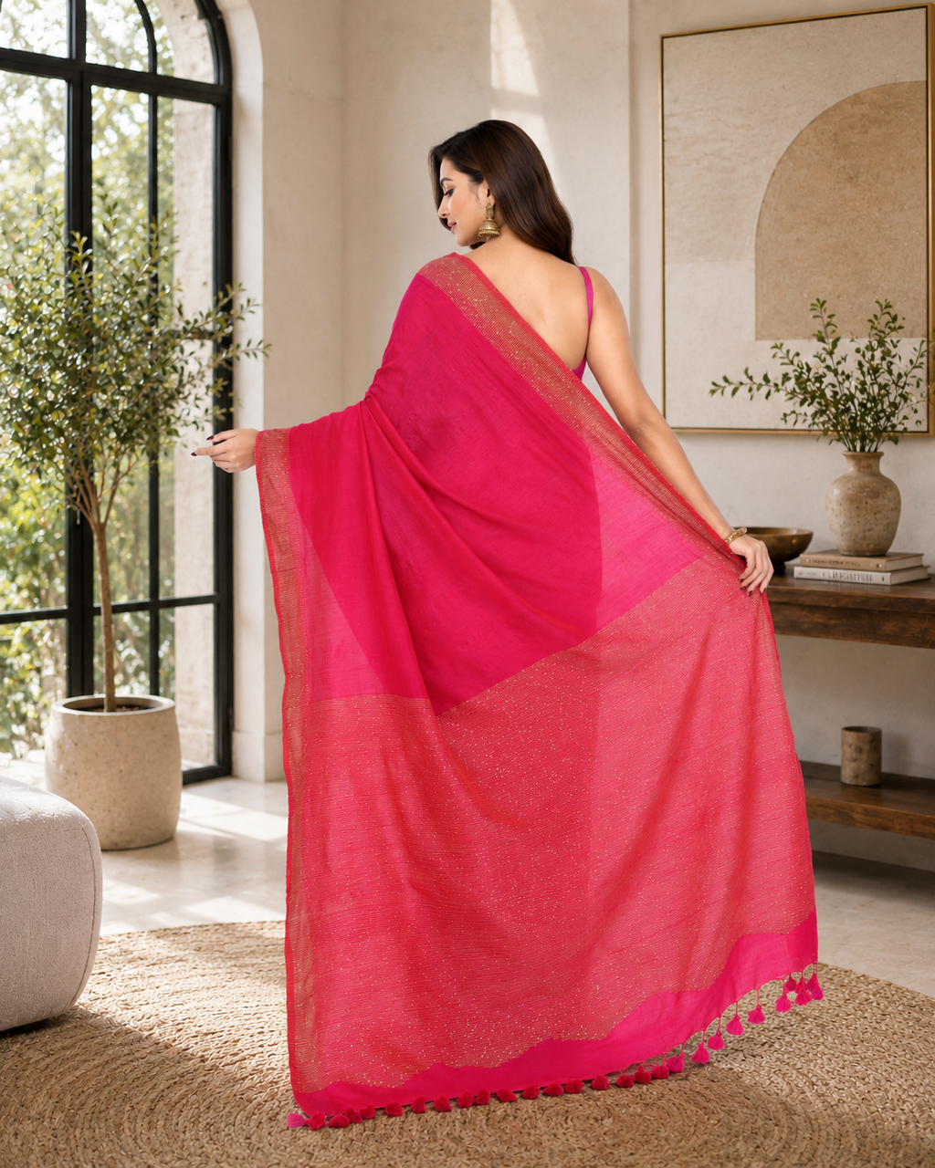 Women Cotton Pink Woven  Saree