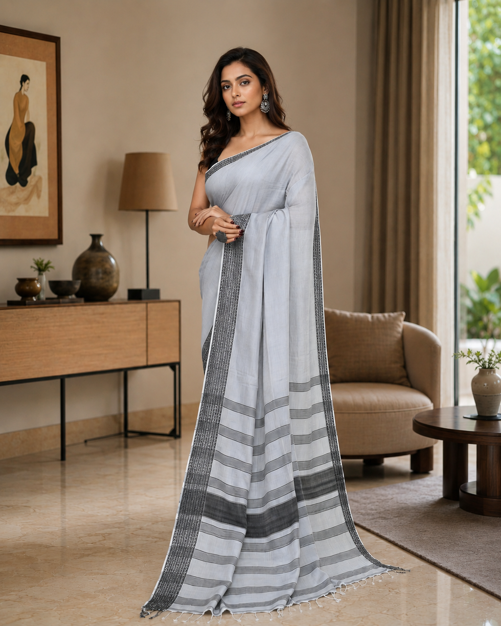 Women Cotton Pearl Woven  Saree