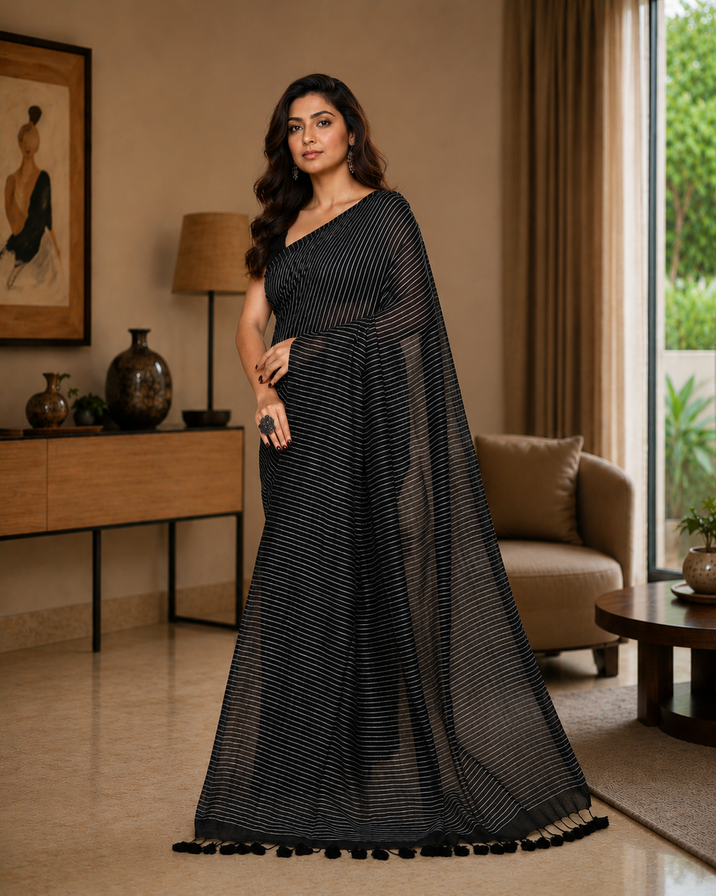 Women Cotton Black Woven  Saree