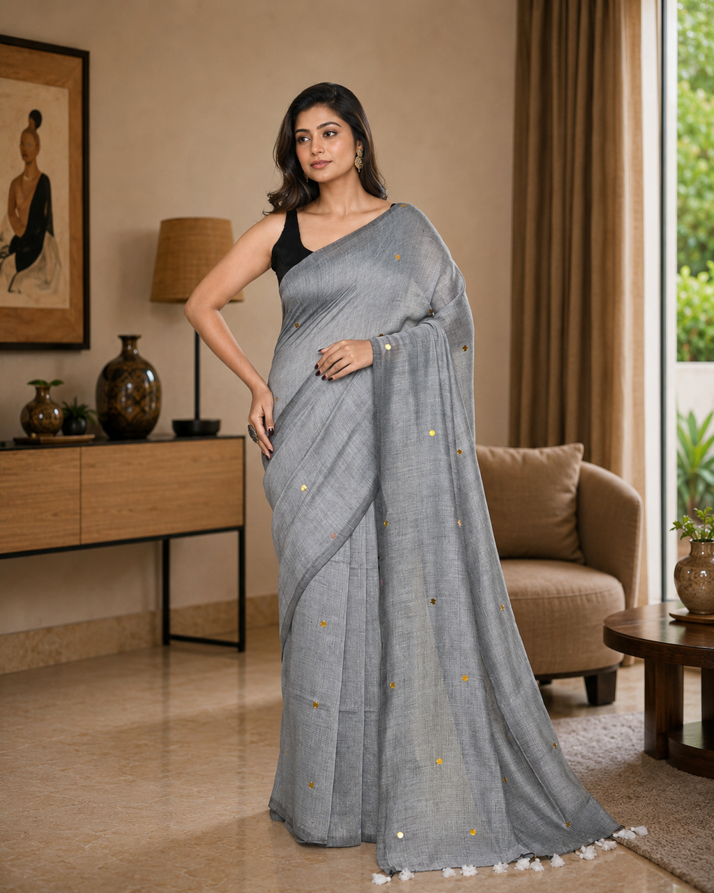 Women Cotton Silver Grey Woven  Saree