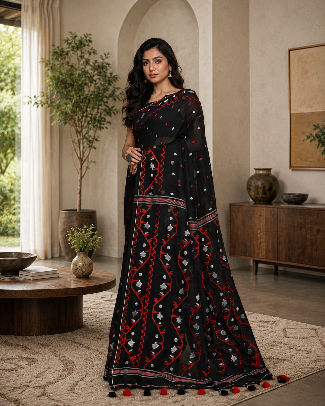 Women Cotton Black Woven  Saree