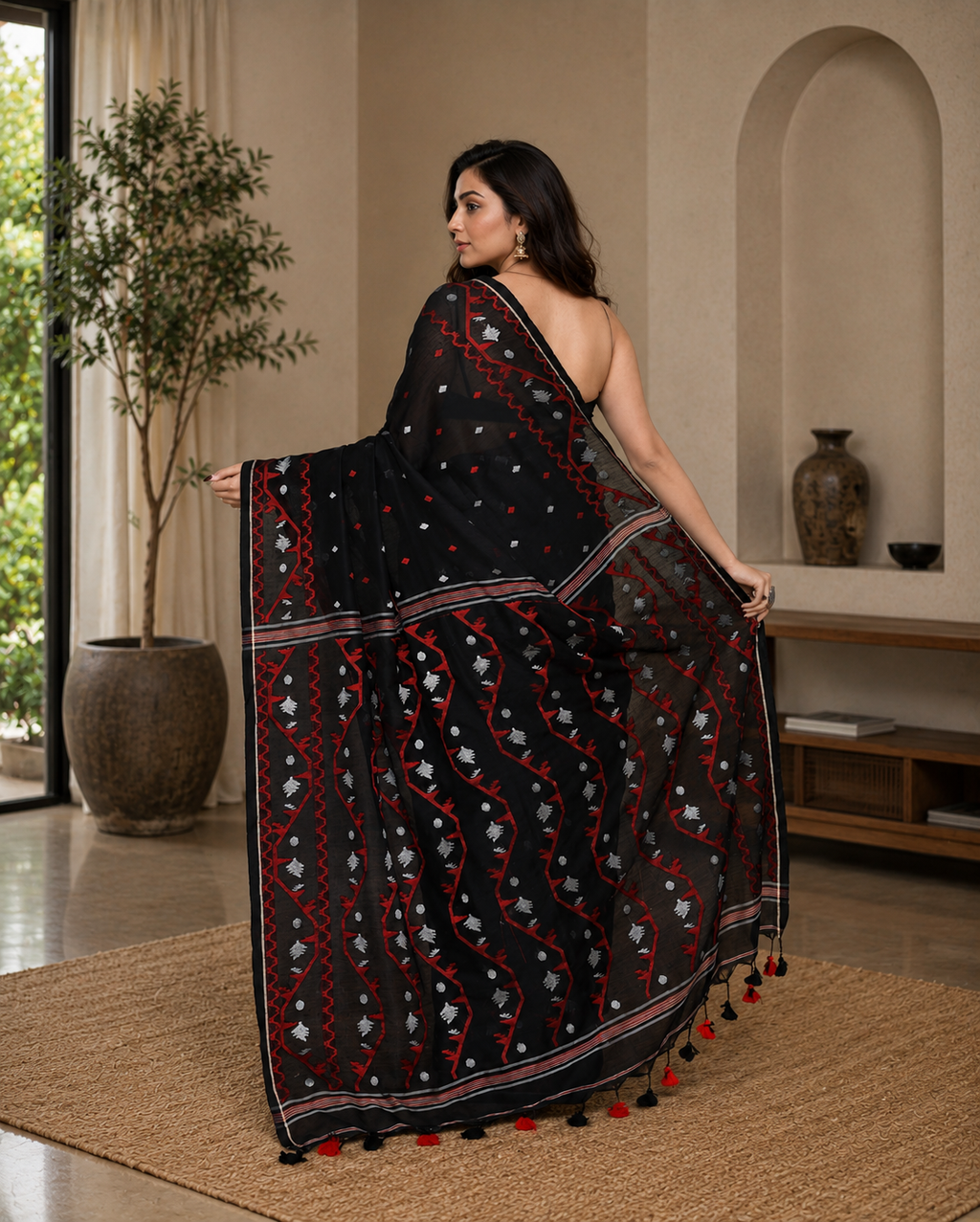 Women Cotton Black Woven  Saree