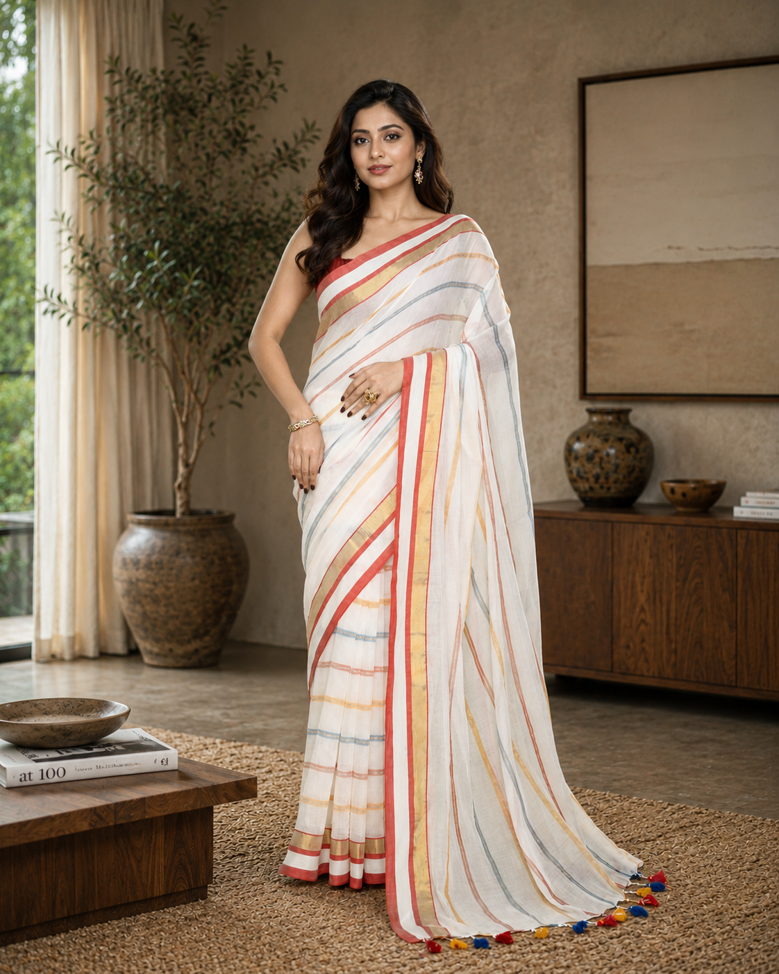 Women Cotton White Woven  Saree