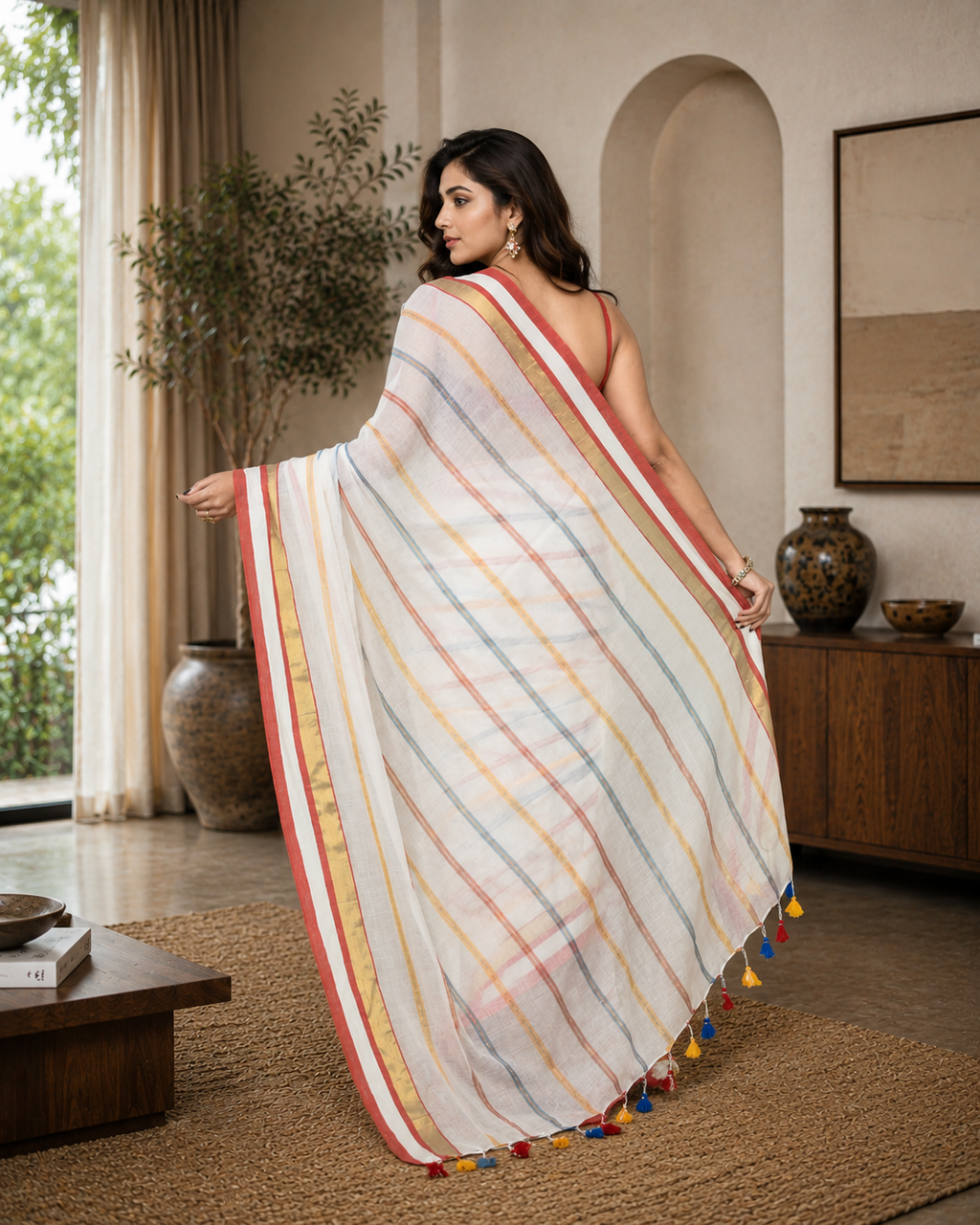 Women Cotton White Woven  Saree
