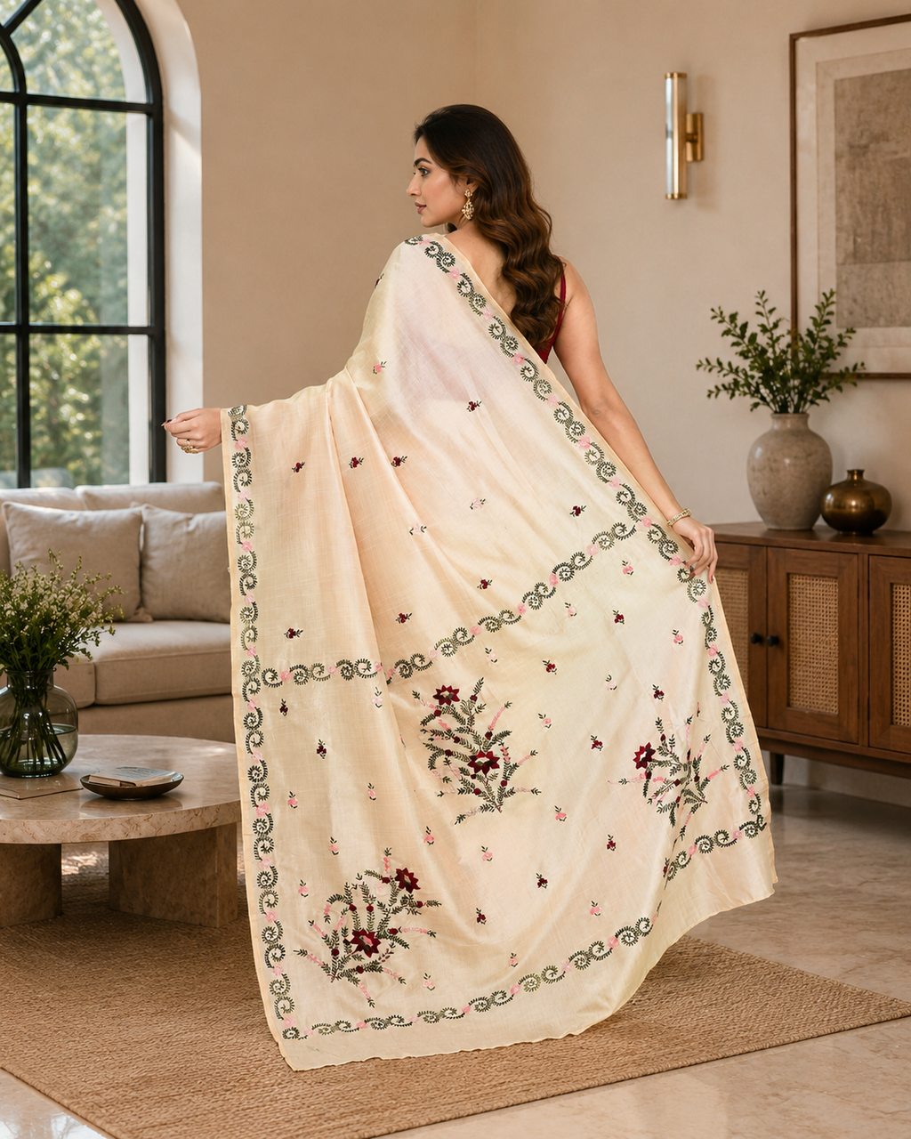 Women Silk Blend Beige Woven  Saree