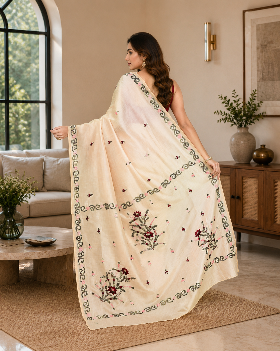 Women Silk Blend Beige Woven  Saree