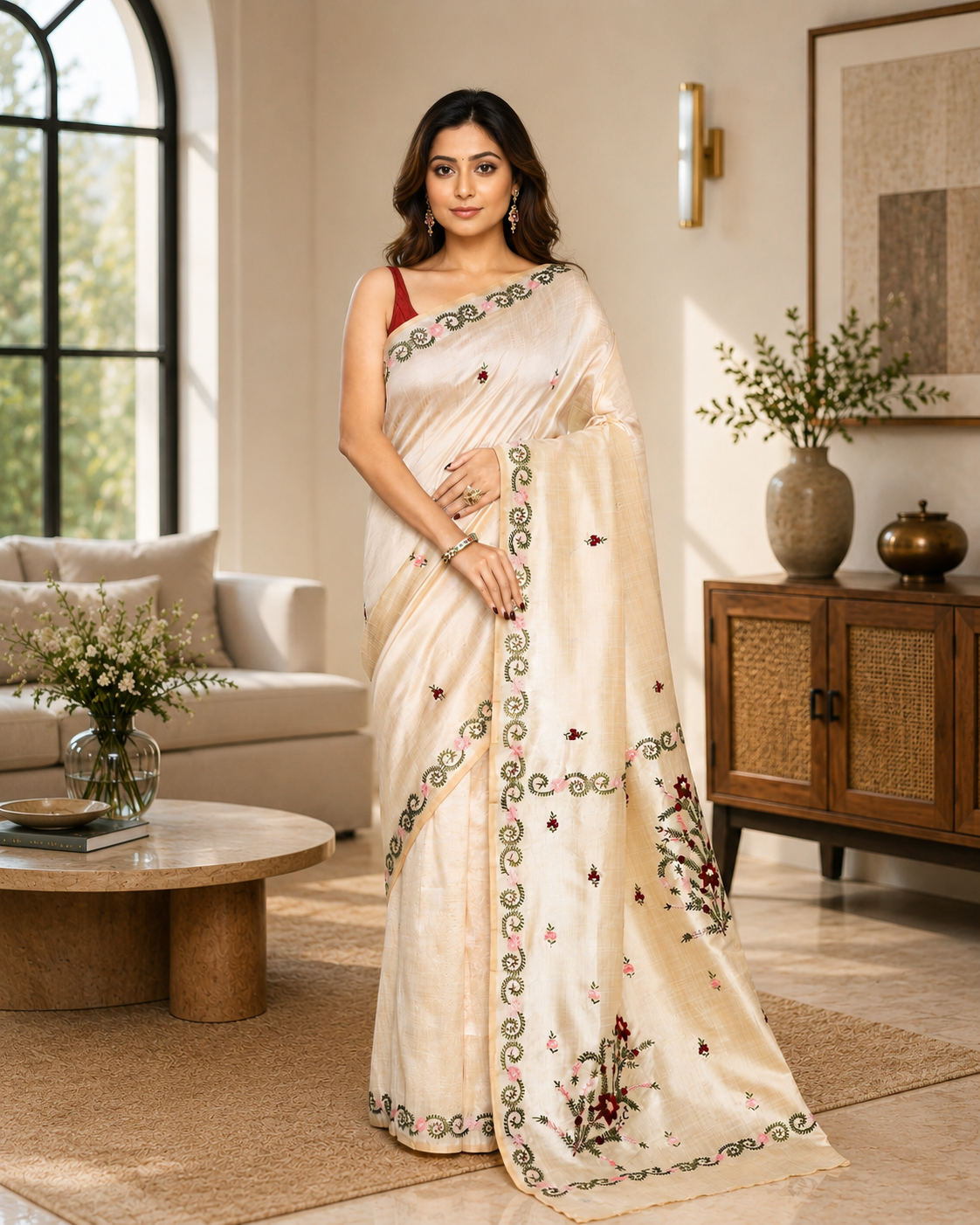 Women Silk Blend Beige Woven  Saree