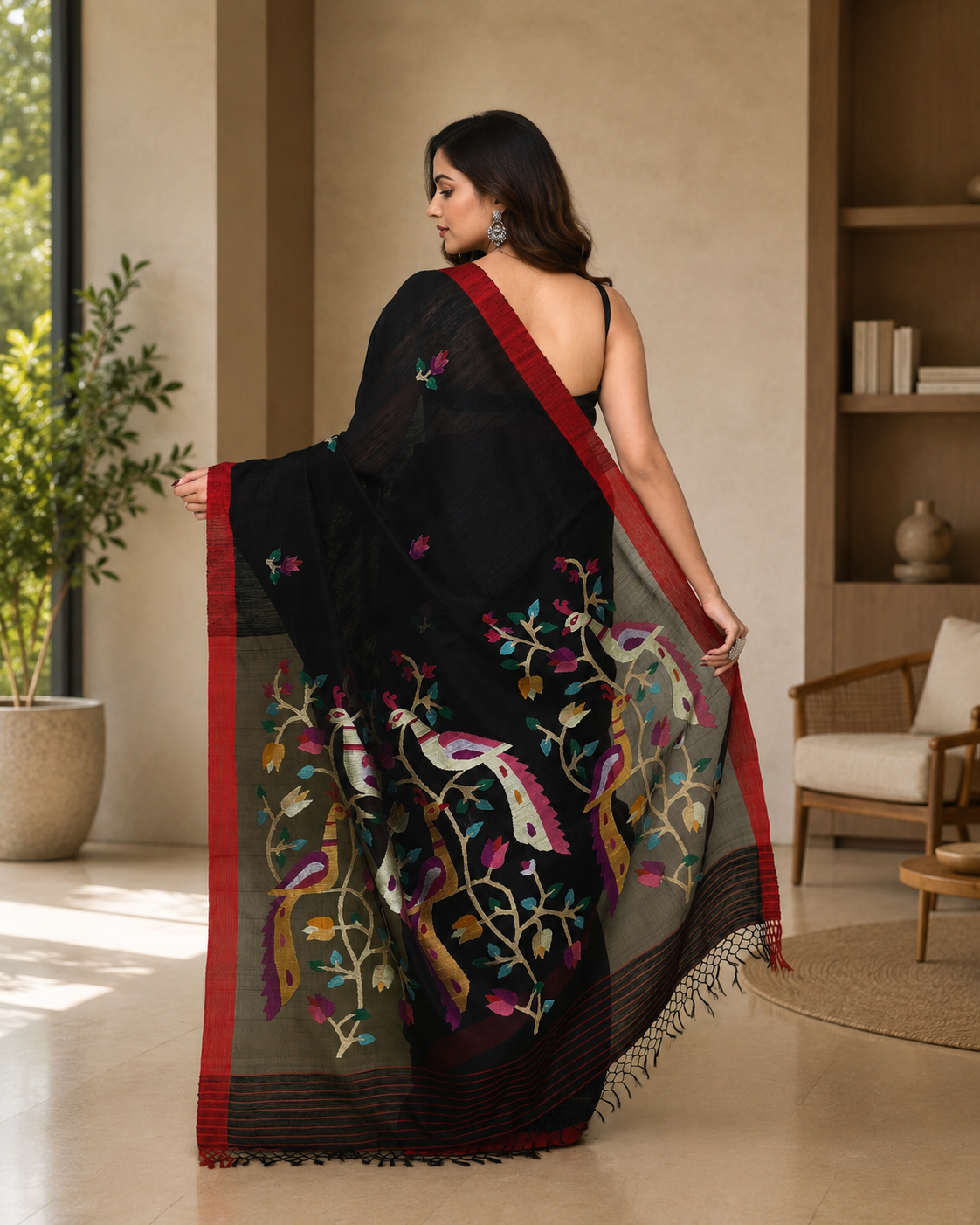 Women's Black Matka Silk Saree with Unstitched Blouse
