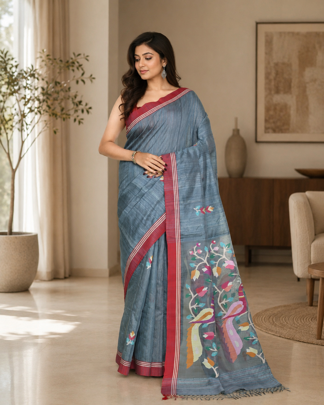 Women's Blue Grey Matka Silk Saree with Unstitched Blouse