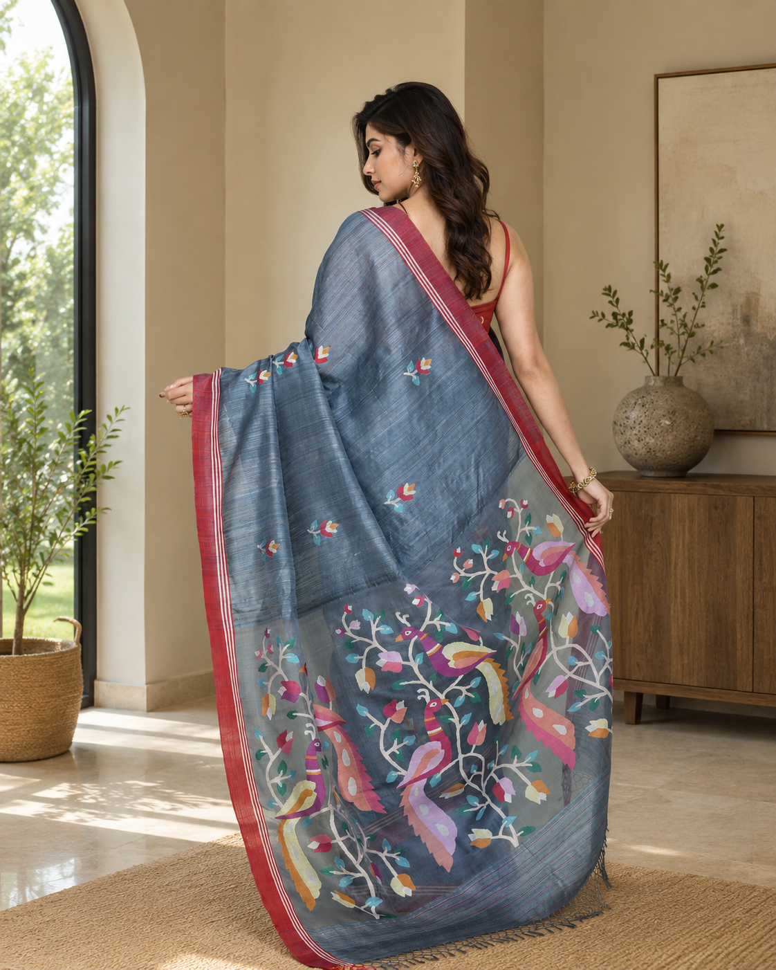 Women's Blue Grey Matka Silk Saree with Unstitched Blouse