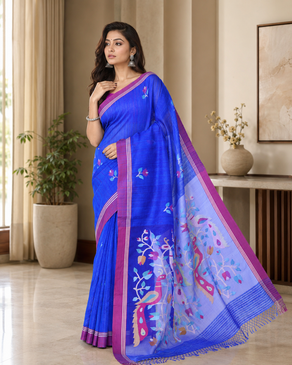 Women's Royel Blue Matka Silk Saree with Unstitched Blouse