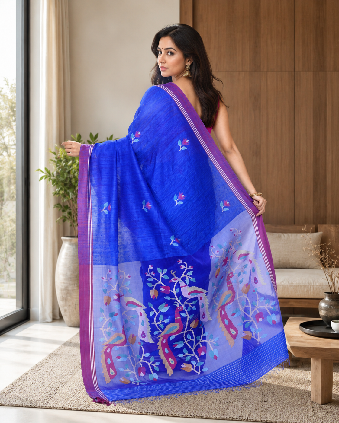 Women's Royel Blue Matka Silk Saree with Unstitched Blouse