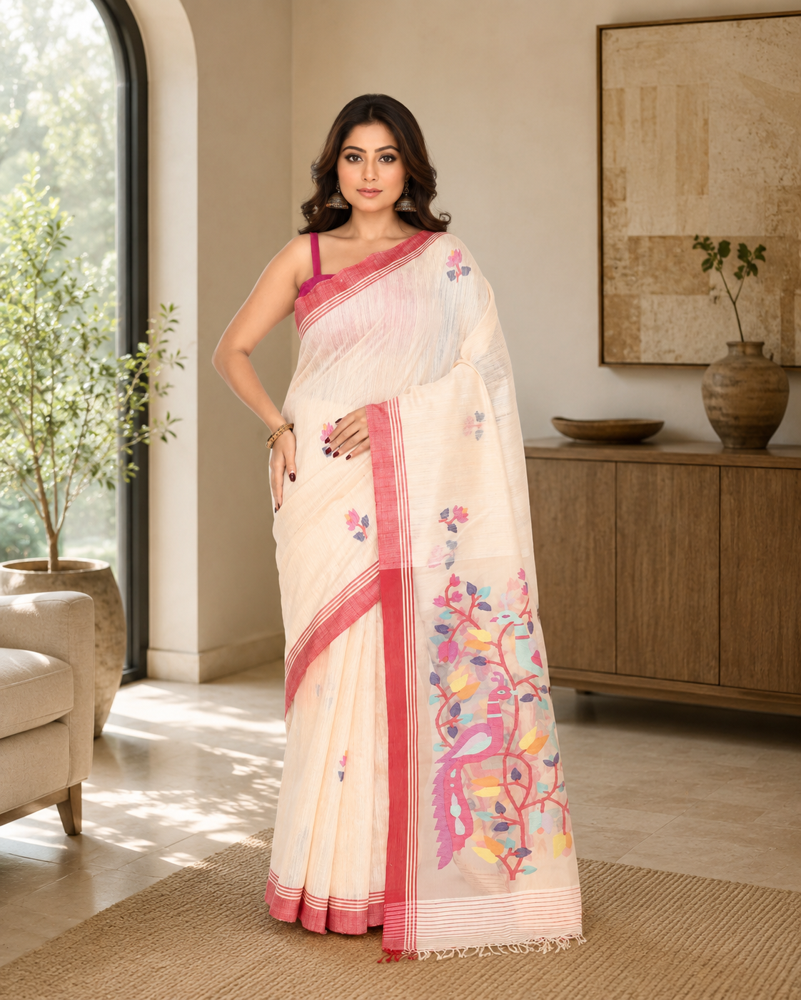 Women's Off White Matka Silk Saree with Unstitched Blouse