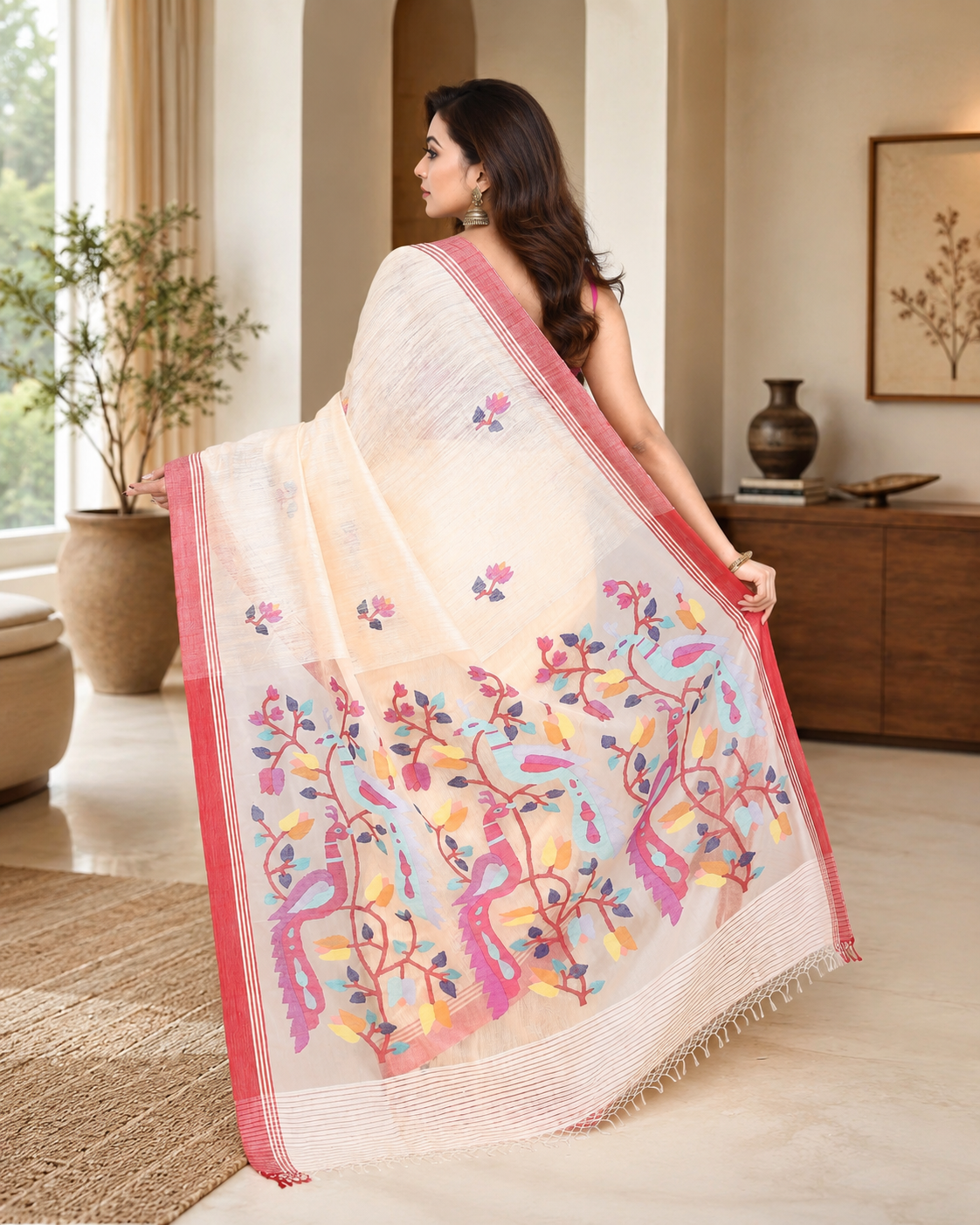 Women's Off White Matka Silk Saree with Unstitched Blouse