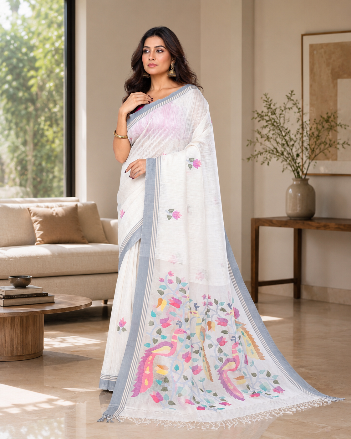 Women's Off White Matka Silk Saree with Unstitched Blouse