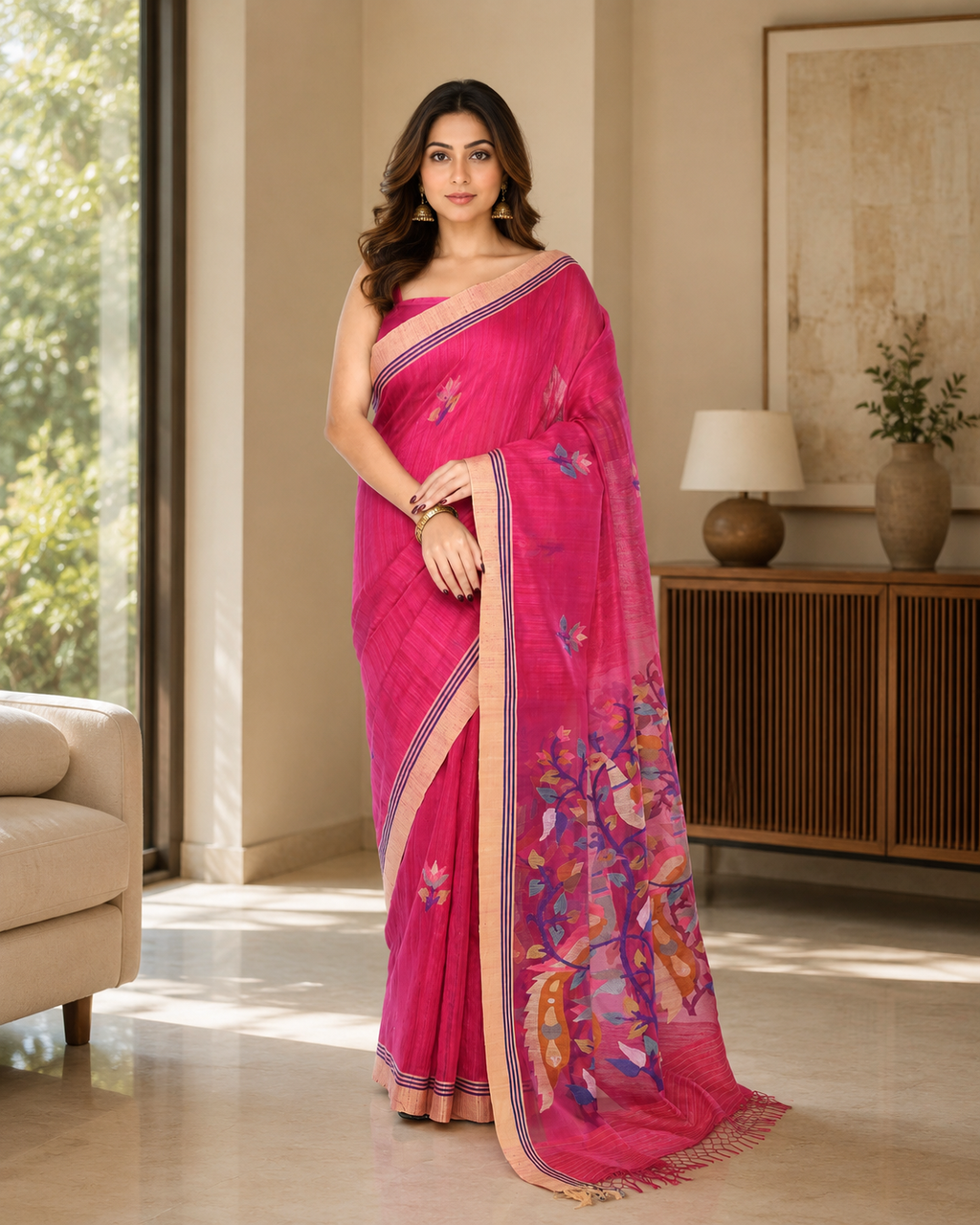 Women's Rani Pink Matka Silk Saree with Unstitched Blouse