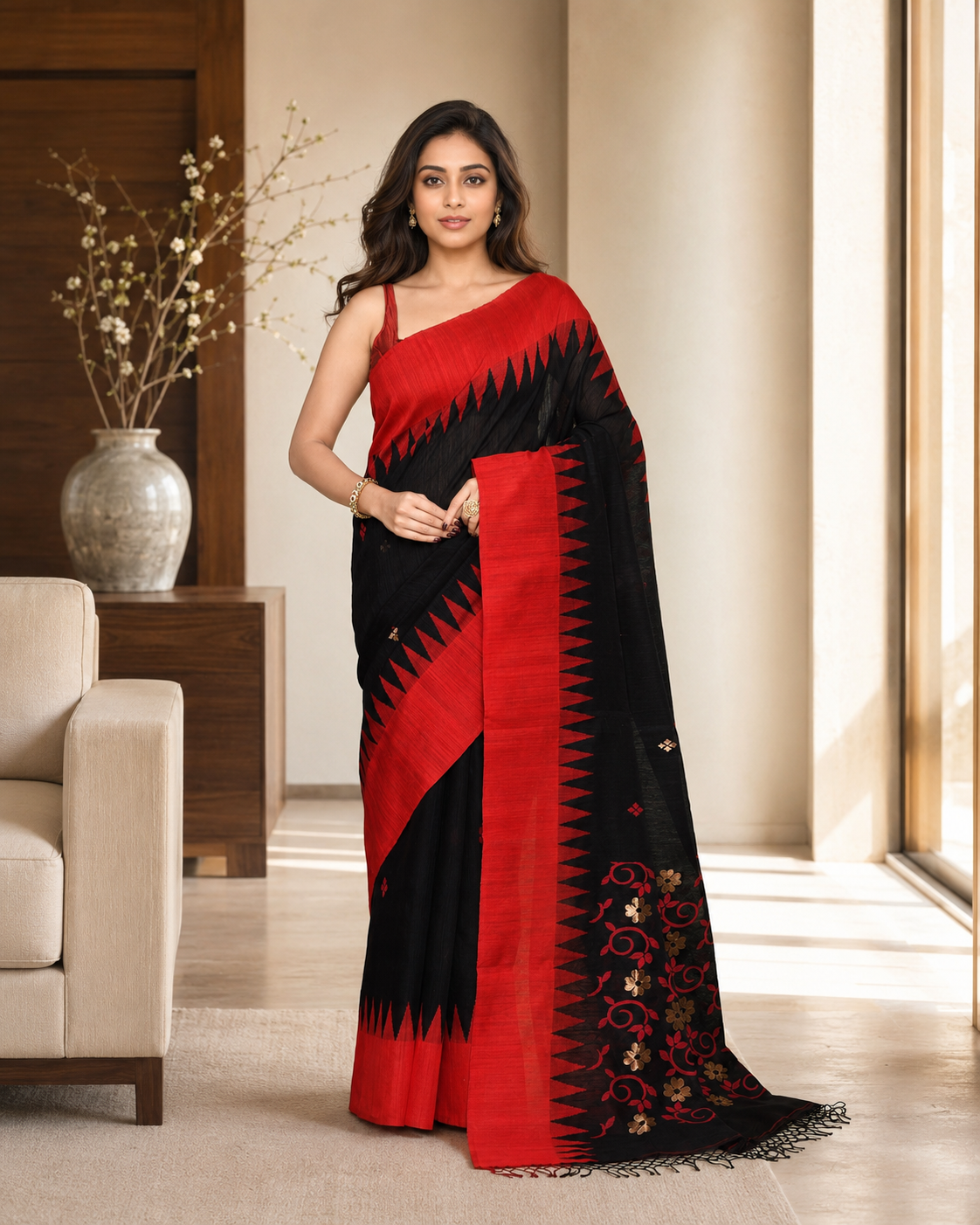 Women's Black Matka Silk Saree with Unstitched Blouse