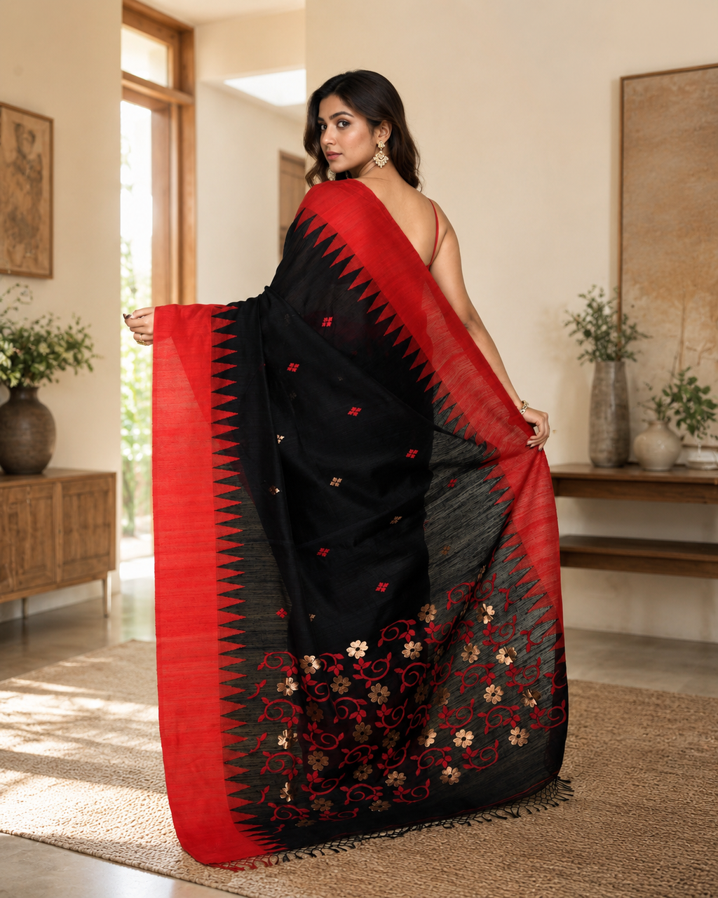 Women's Black Matka Silk Saree with Unstitched Blouse