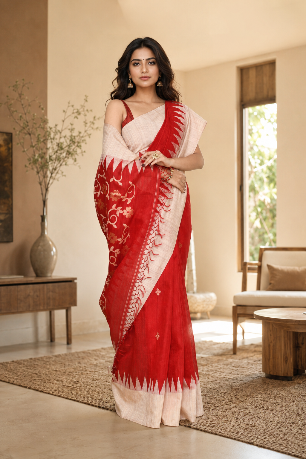 Women's Red Matka Silk Saree with Unstitched Blouse