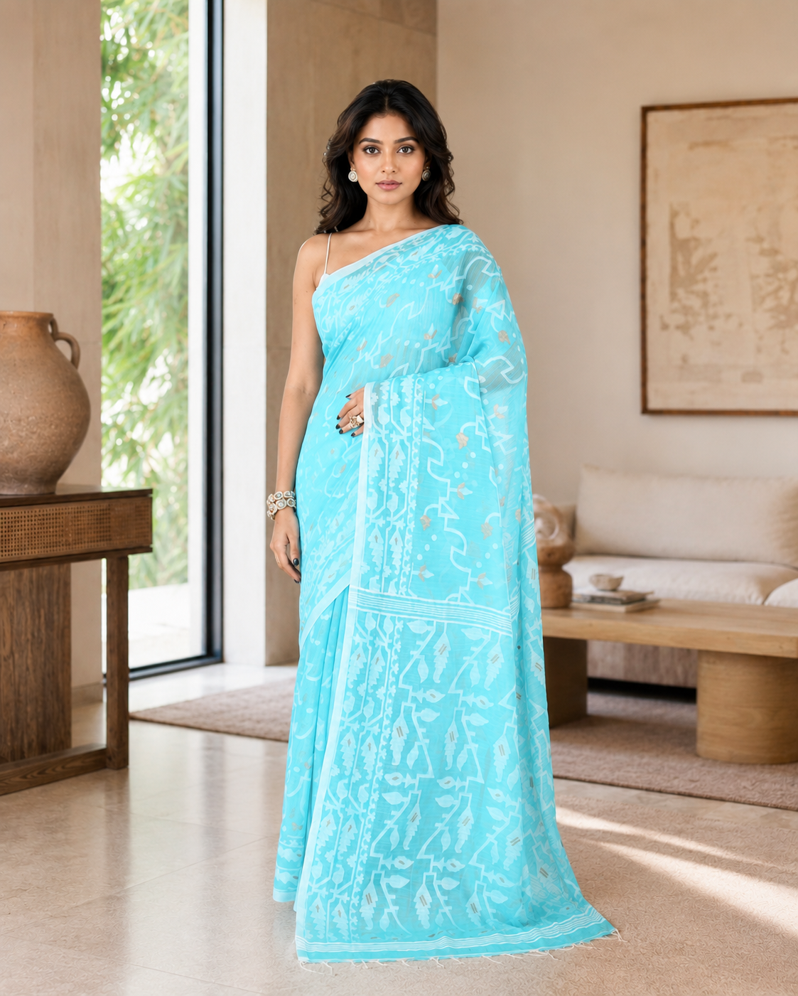 Women Cotton Blend Aqua Woven  Saree