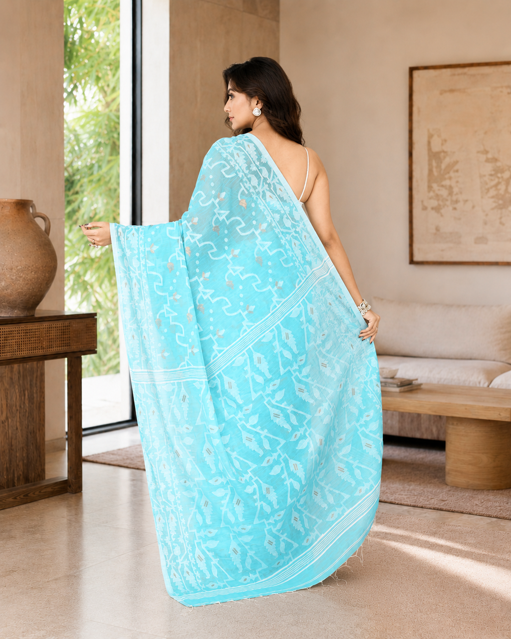 Women Cotton Blend Aqua Woven  Saree