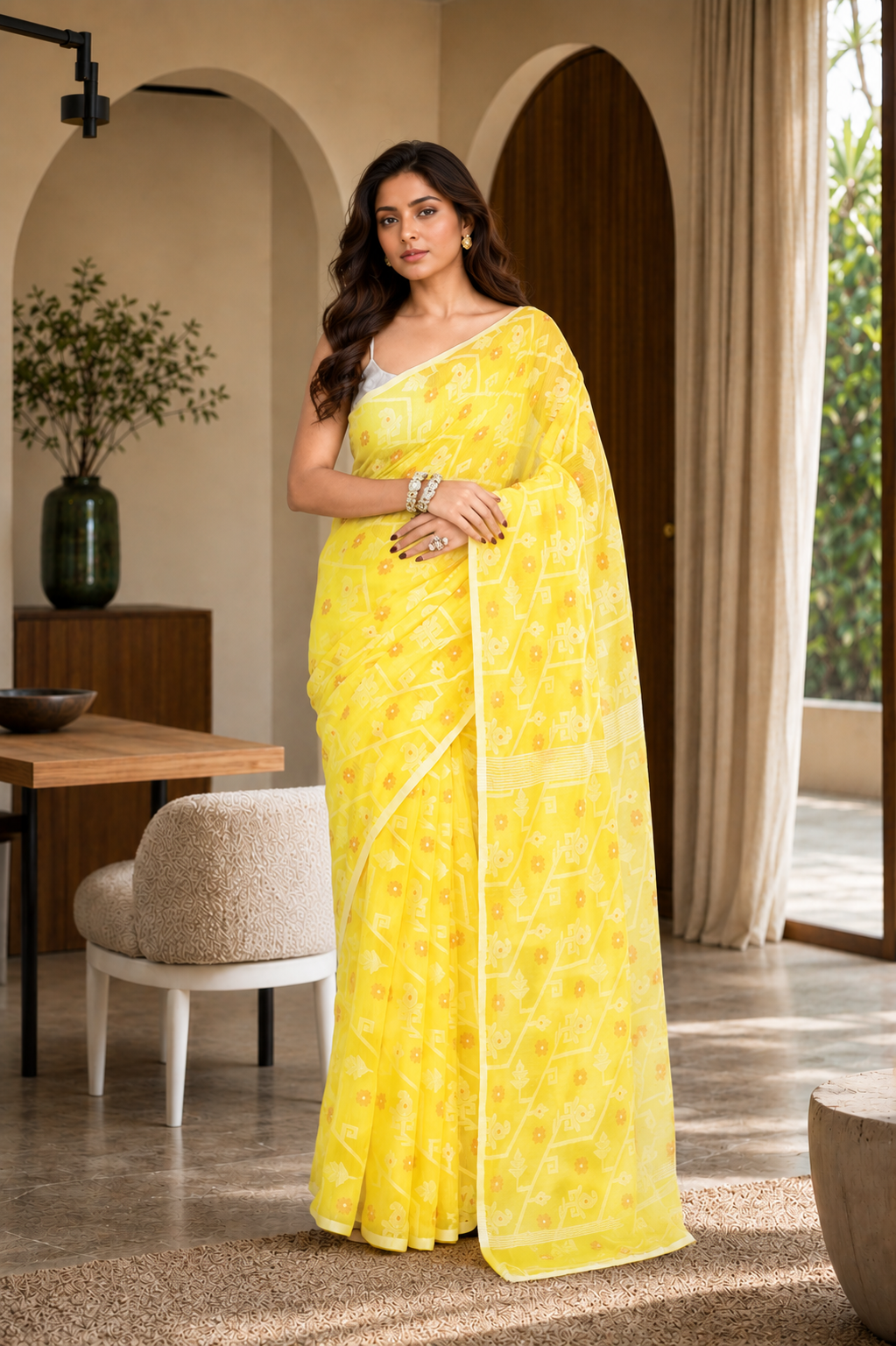 Women Cotton Blend Yellow Woven  Saree