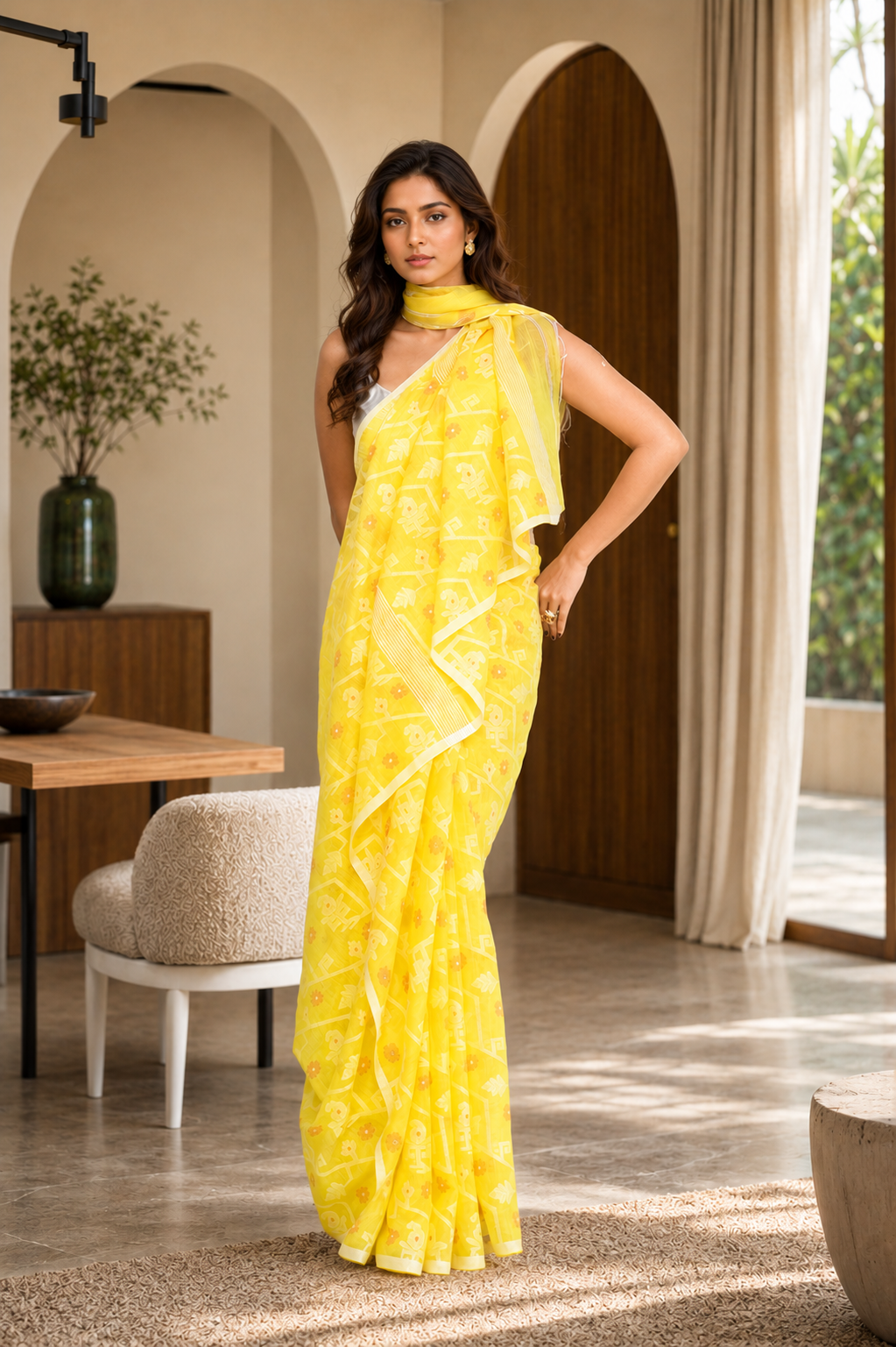 Women Cotton Blend Yellow Woven  Saree