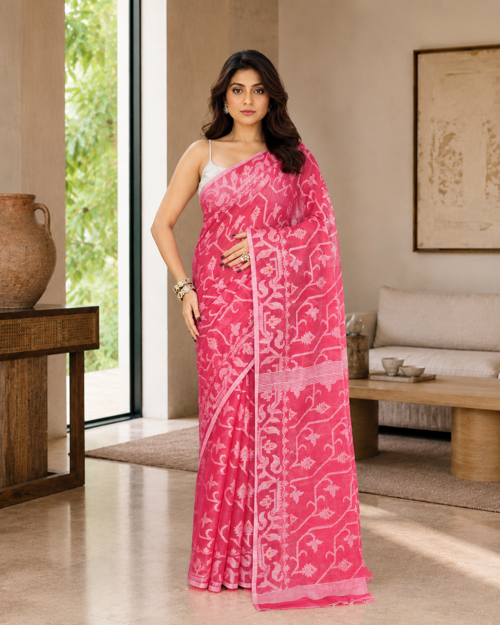 Women Cotton Blend Pink Woven  Saree