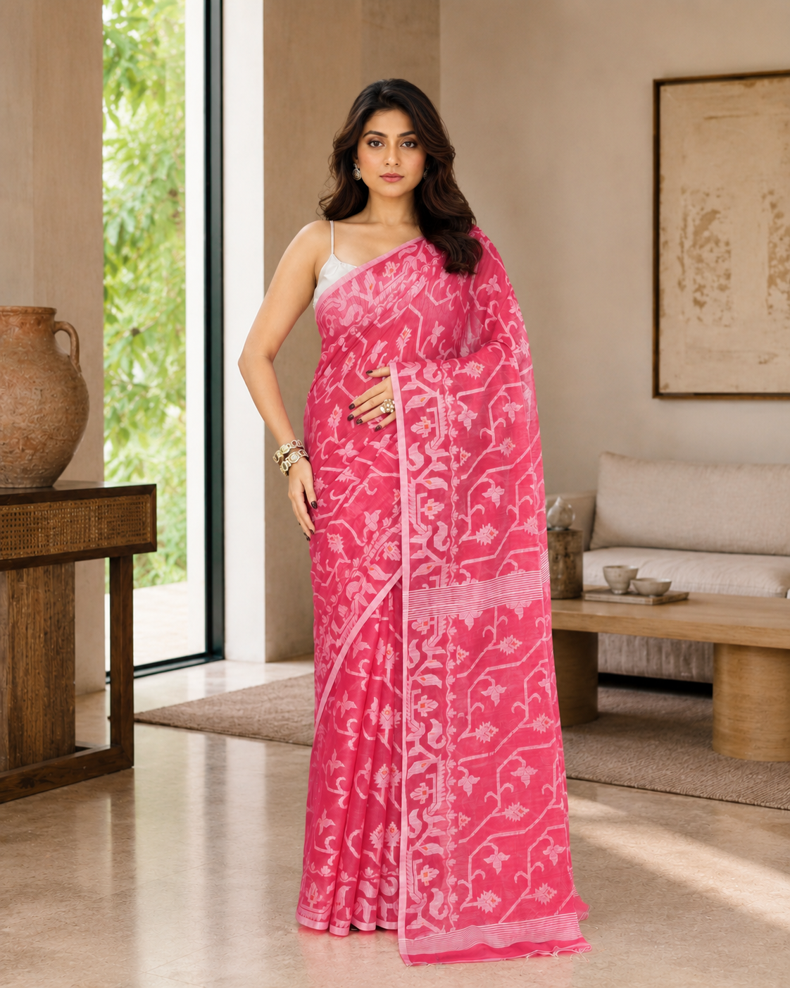 Women Cotton Blend Pink Woven  Saree