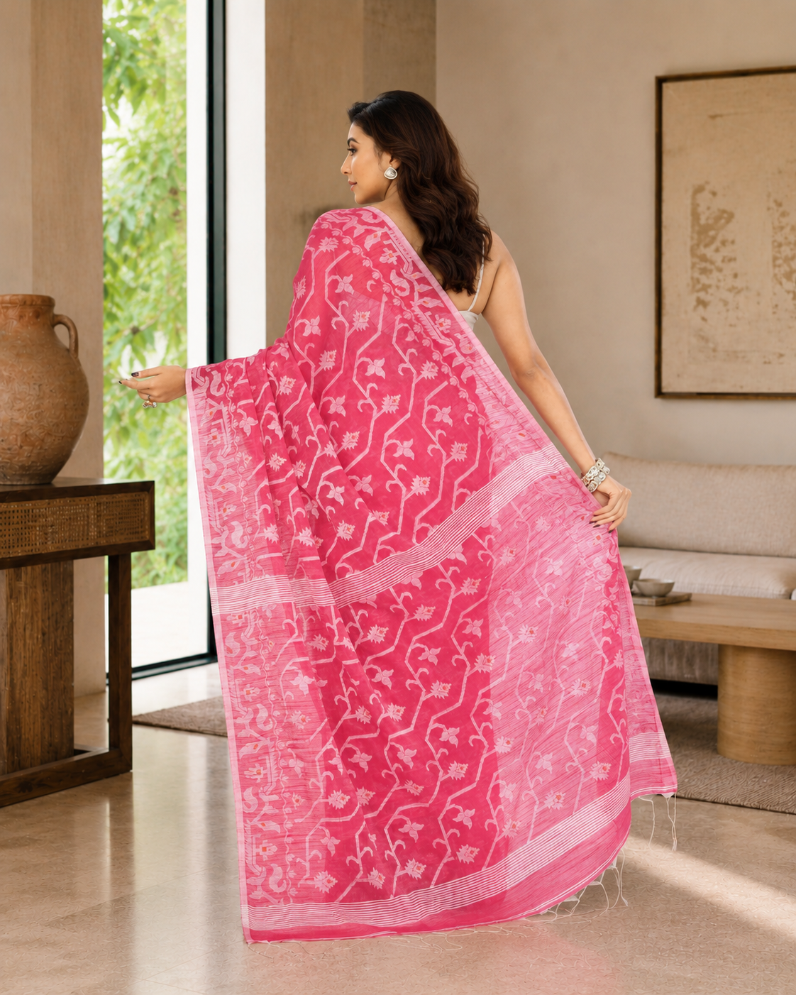Women Cotton Blend Pink Woven  Saree