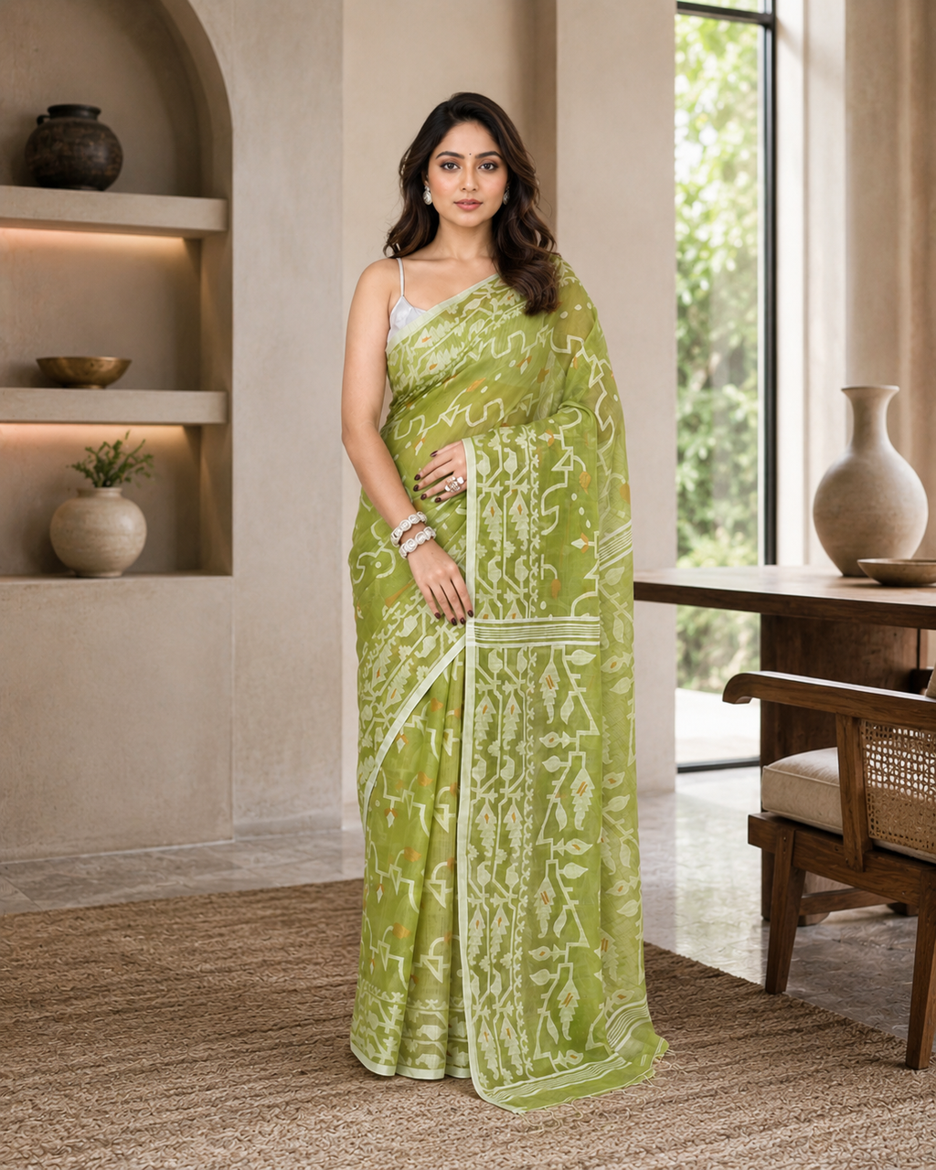 Women Cotton Blend Moss Green Woven  Saree