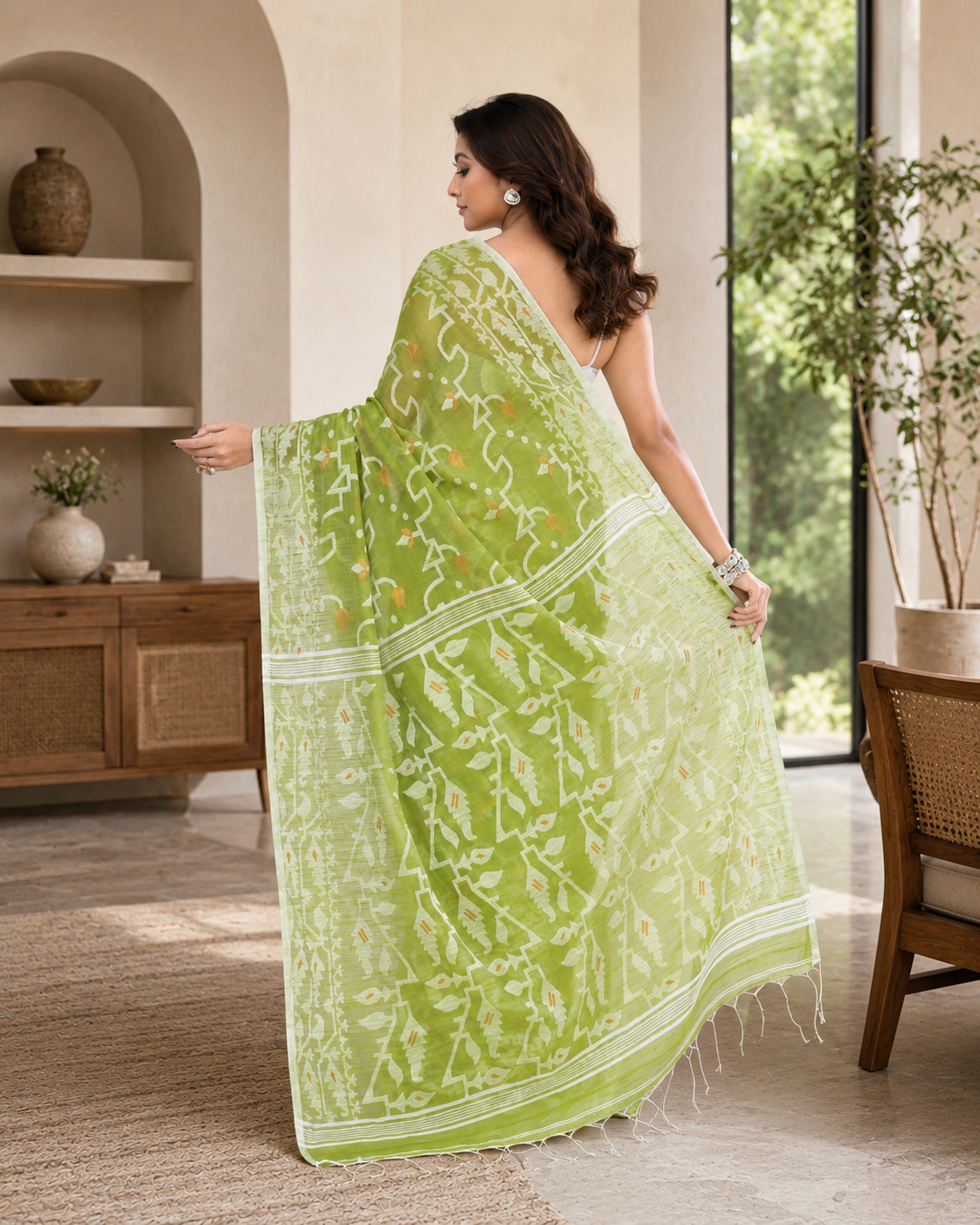 Women Cotton Blend Moss Green Woven  Saree